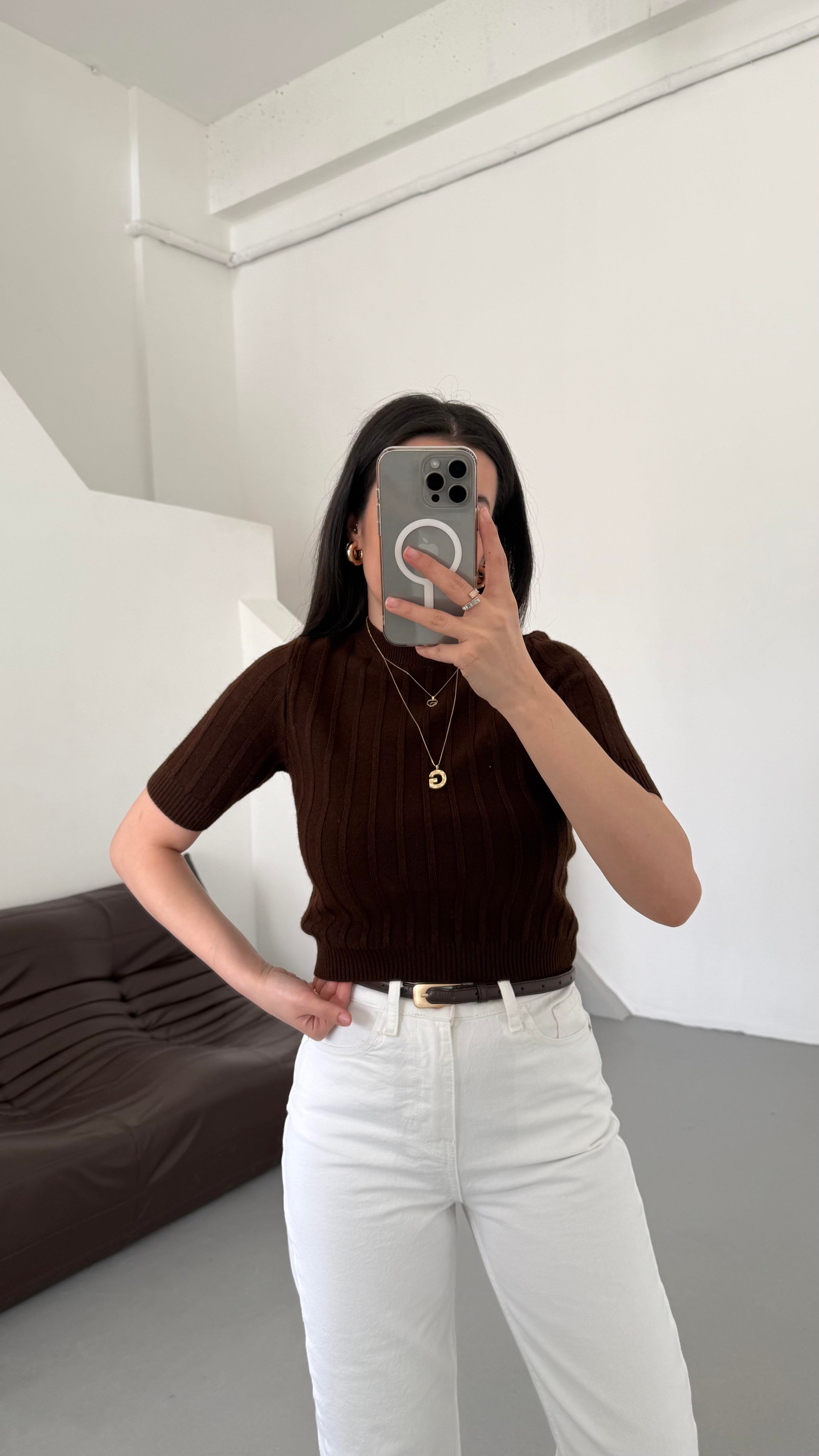 Acı Kahve Kısa Kollu Örme Triko