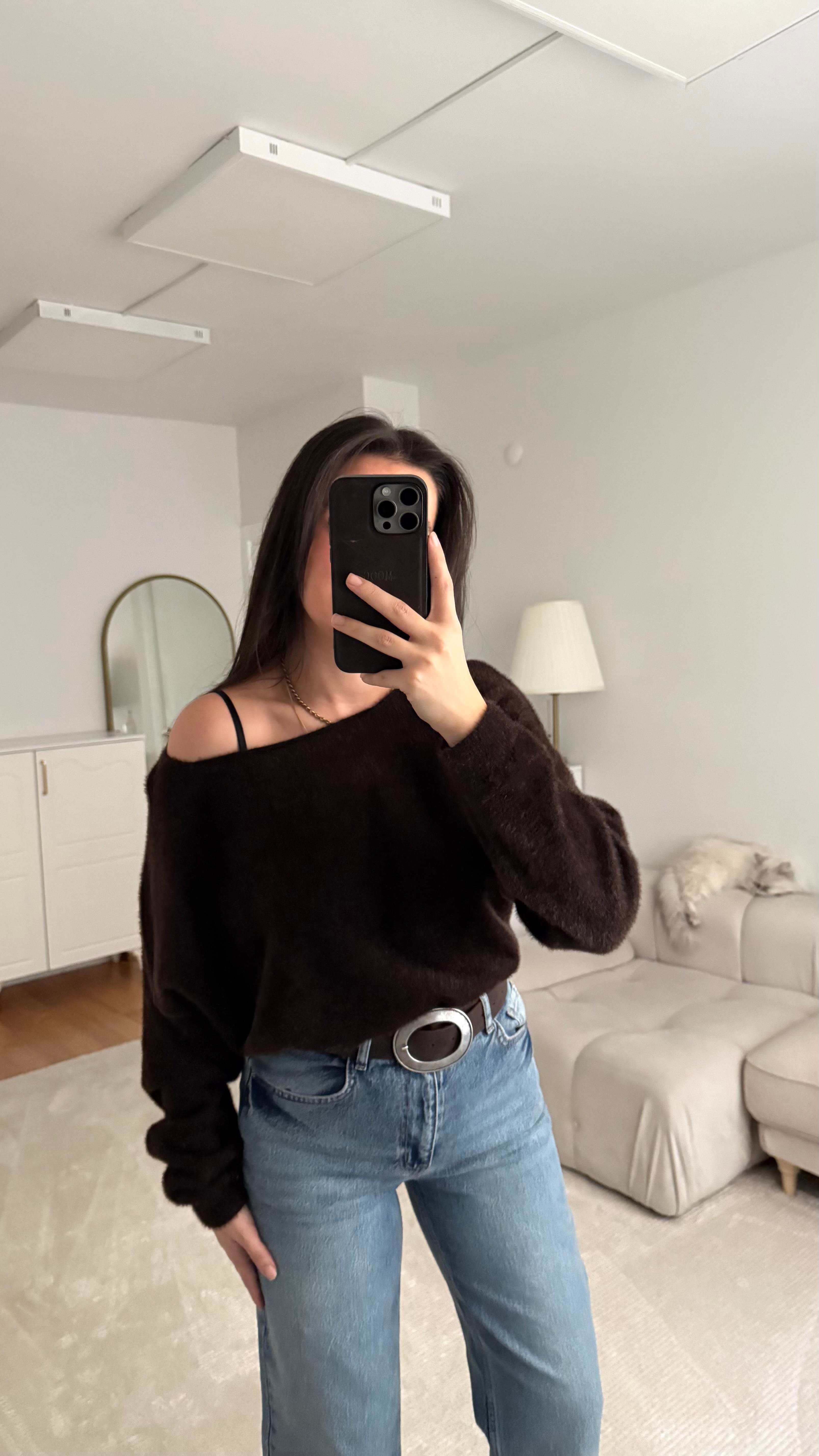 Acı Kahve Sakallı Örme Geniş Yaka Kazak