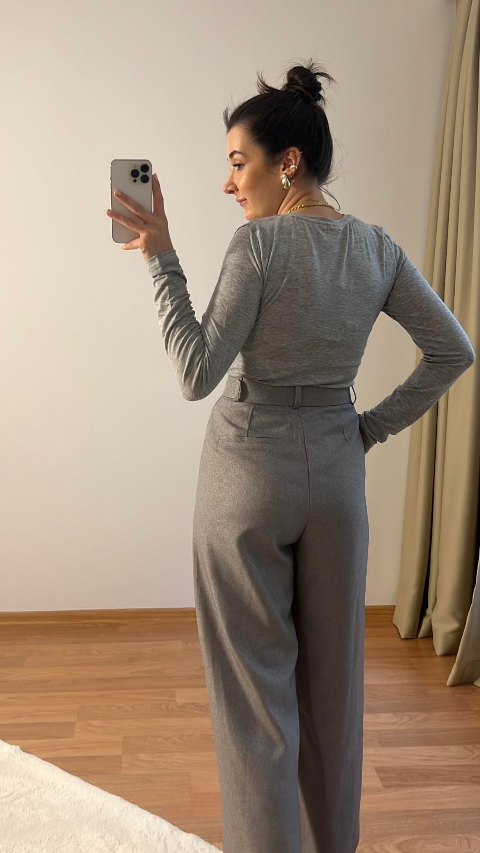 Açık Gri Uzun Kollu Basıc