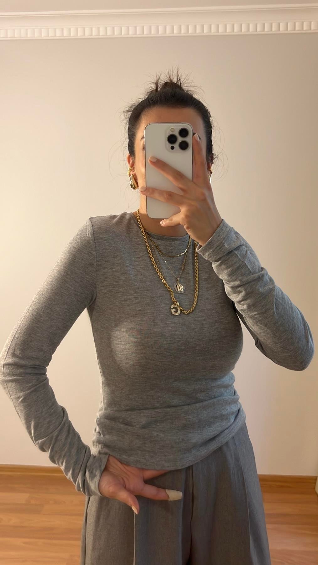 Açık Gri Uzun Kollu Basıc