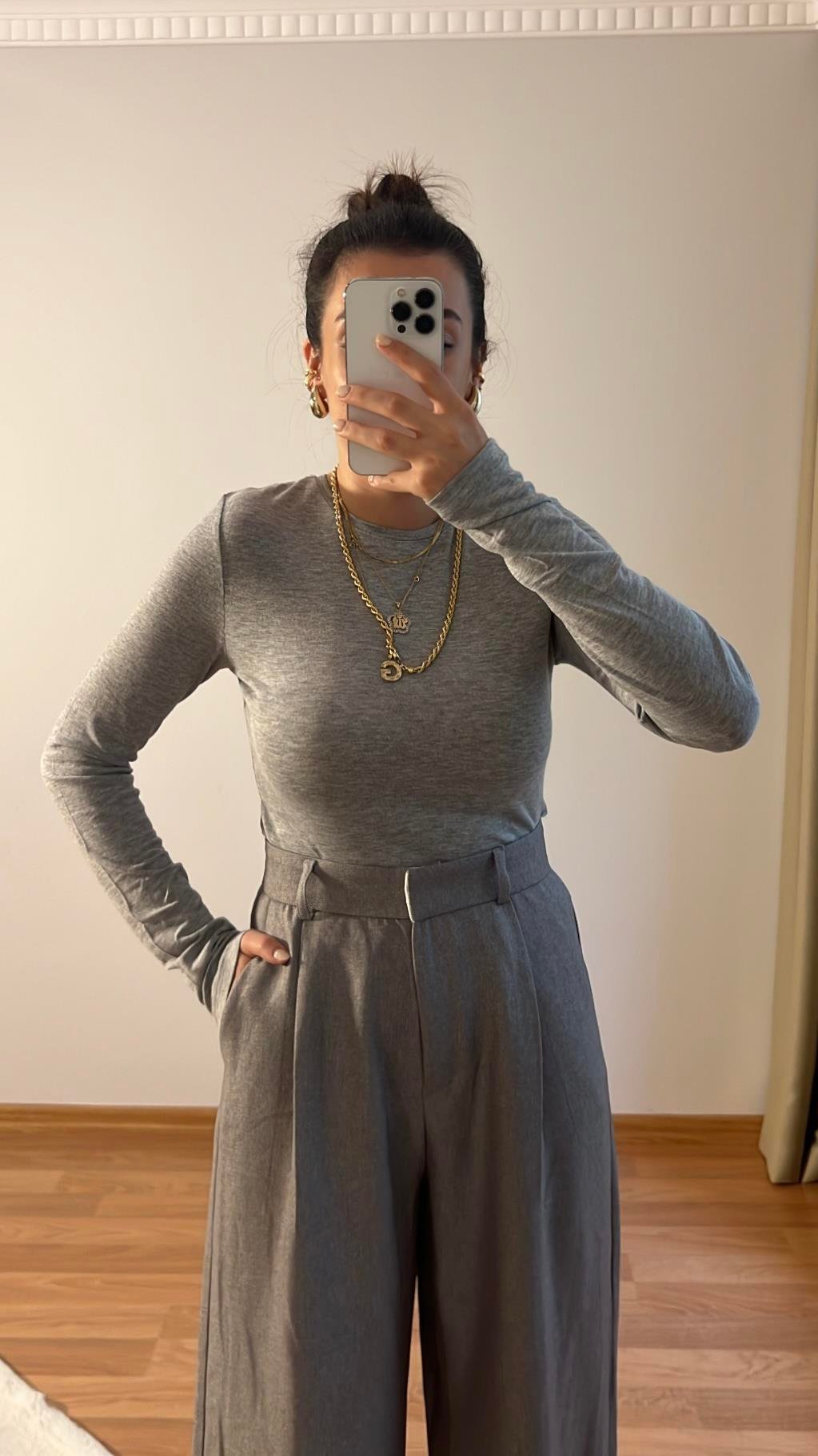 Açık Gri Uzun Kollu Basıc