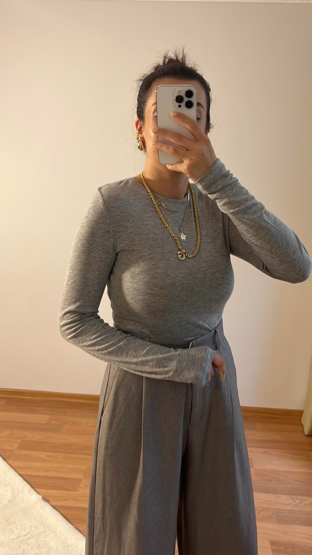 Açık Gri Uzun Kollu Basıc