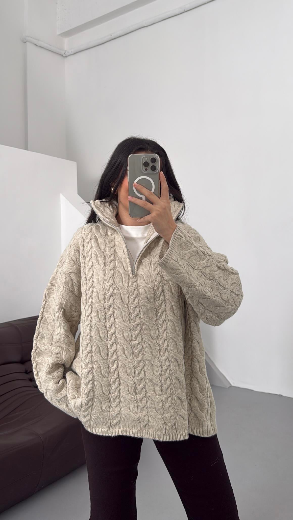 Açık Vizon Fermuarlı Saç Örme Kazak