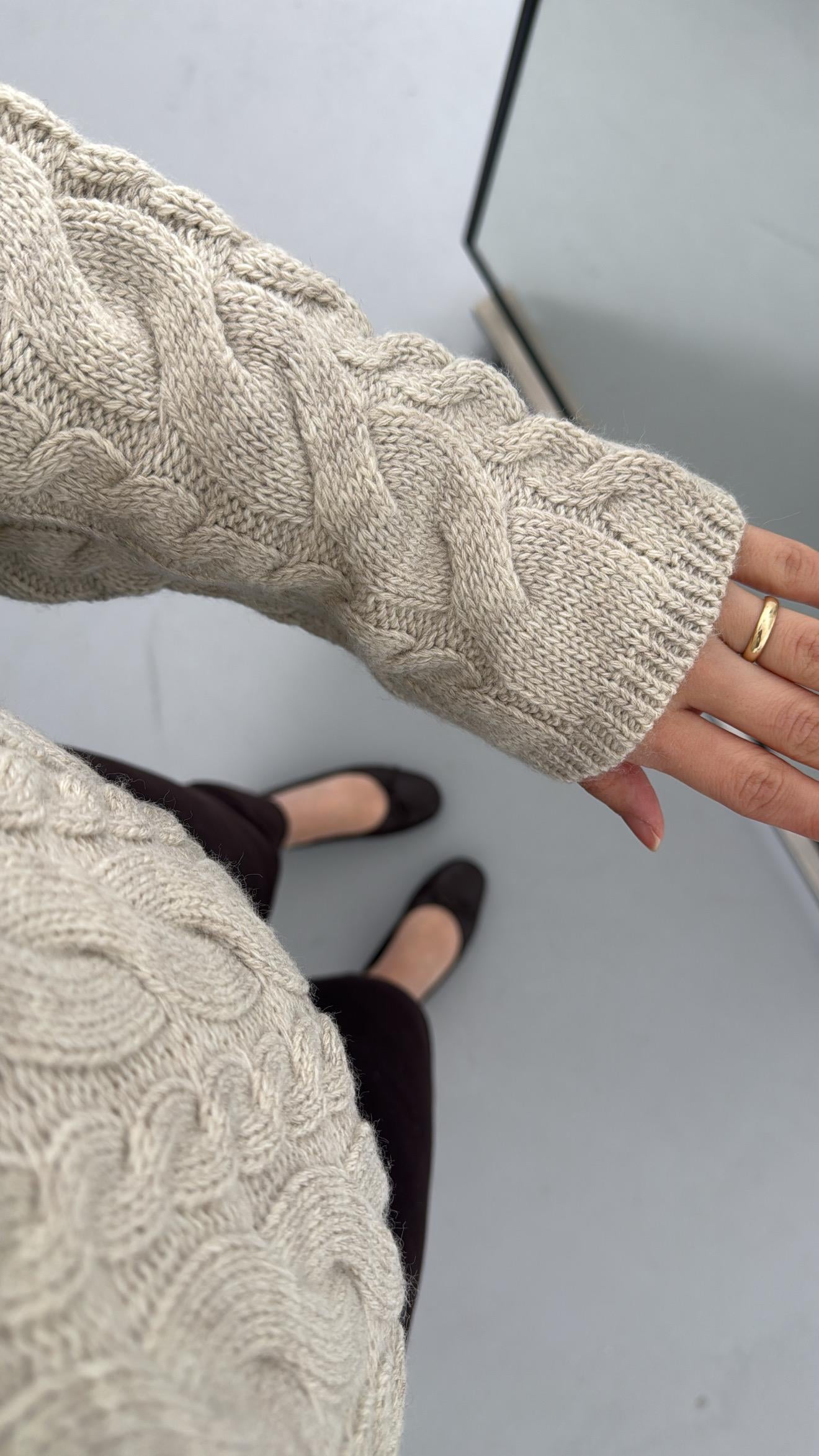 Açık Vizon Fermuarlı Saç Örme Kazak