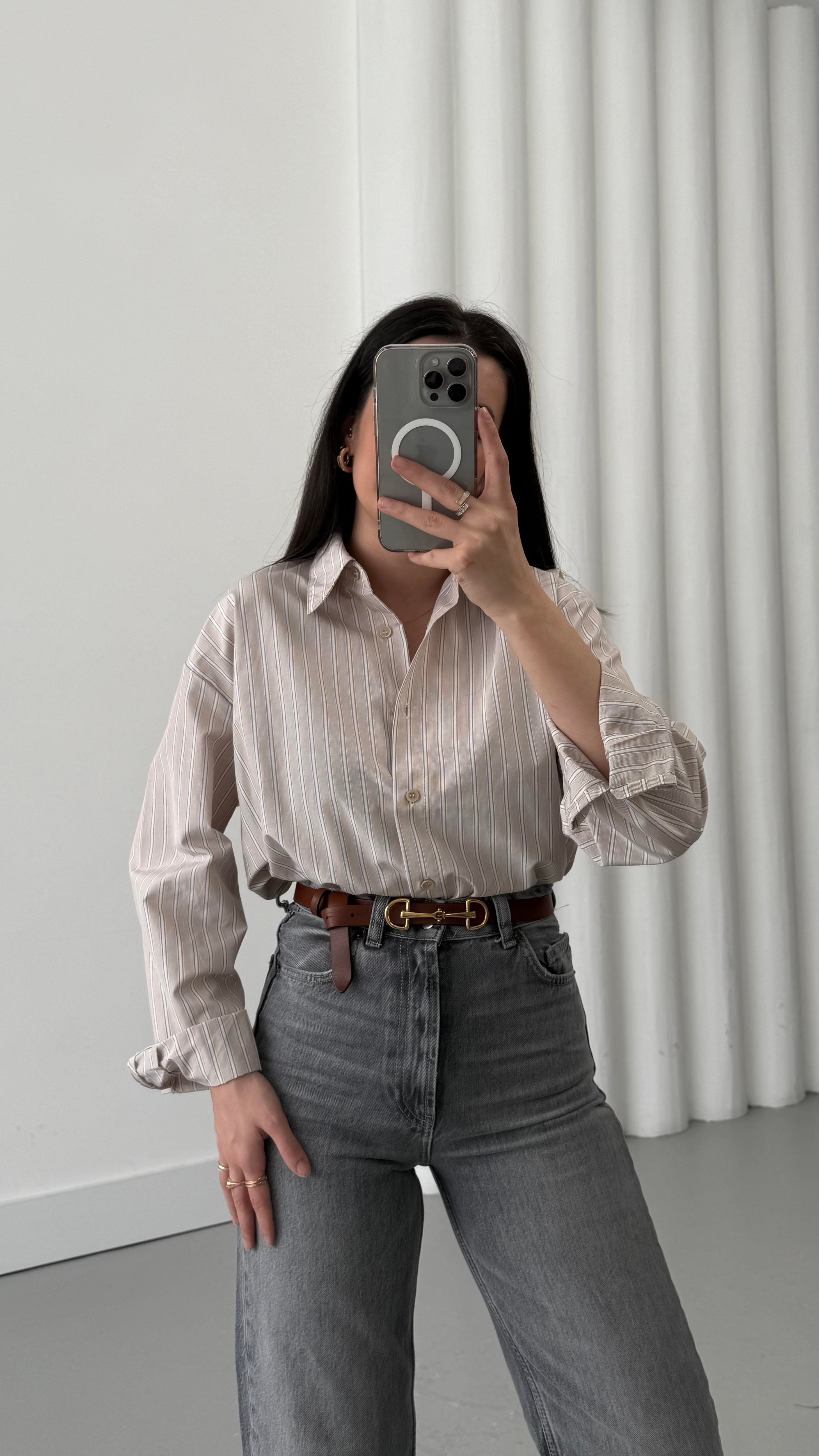 Açık Vizon Gri Çizgili Basıc Gömlek