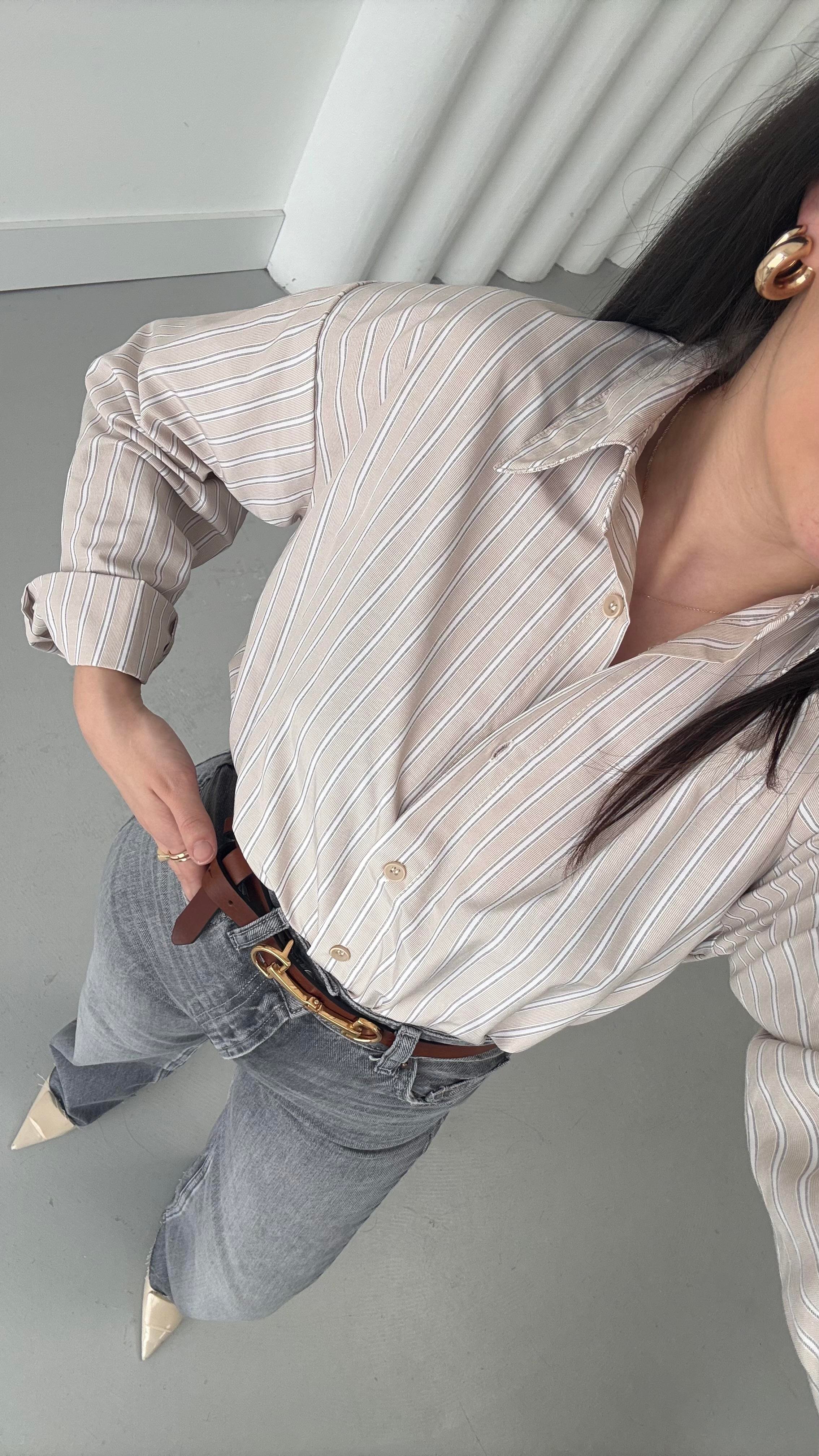 Açık Vizon Gri Çizgili Basıc Gömlek