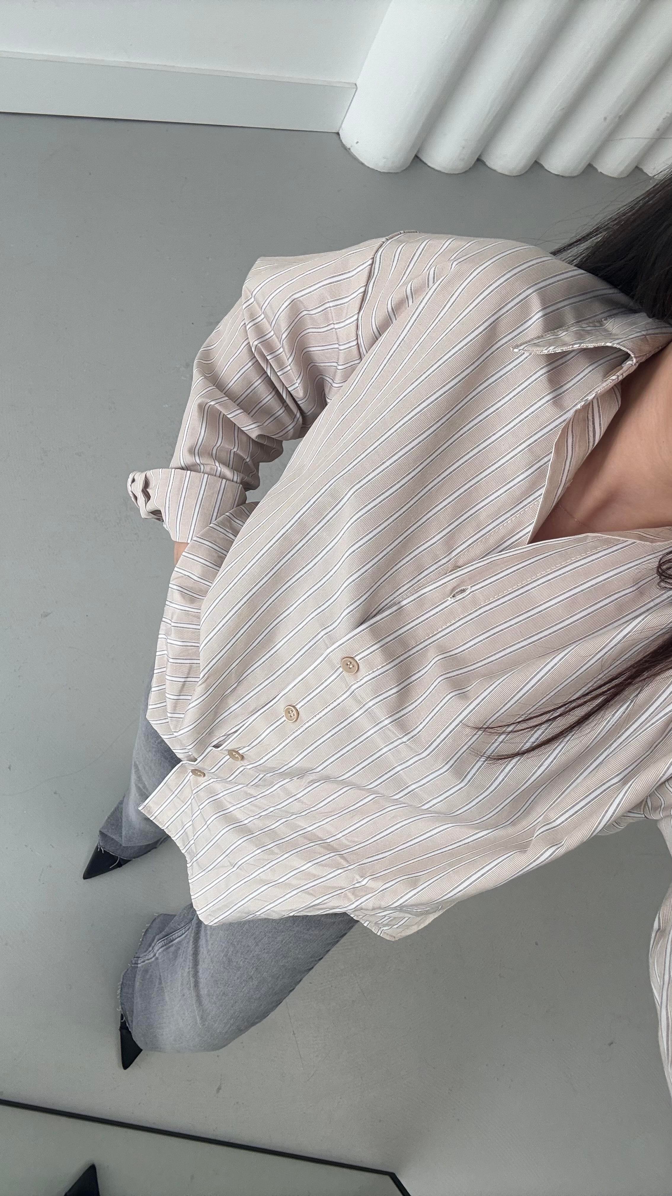 Açık Vizon Gri Çizgili Basıc Gömlek