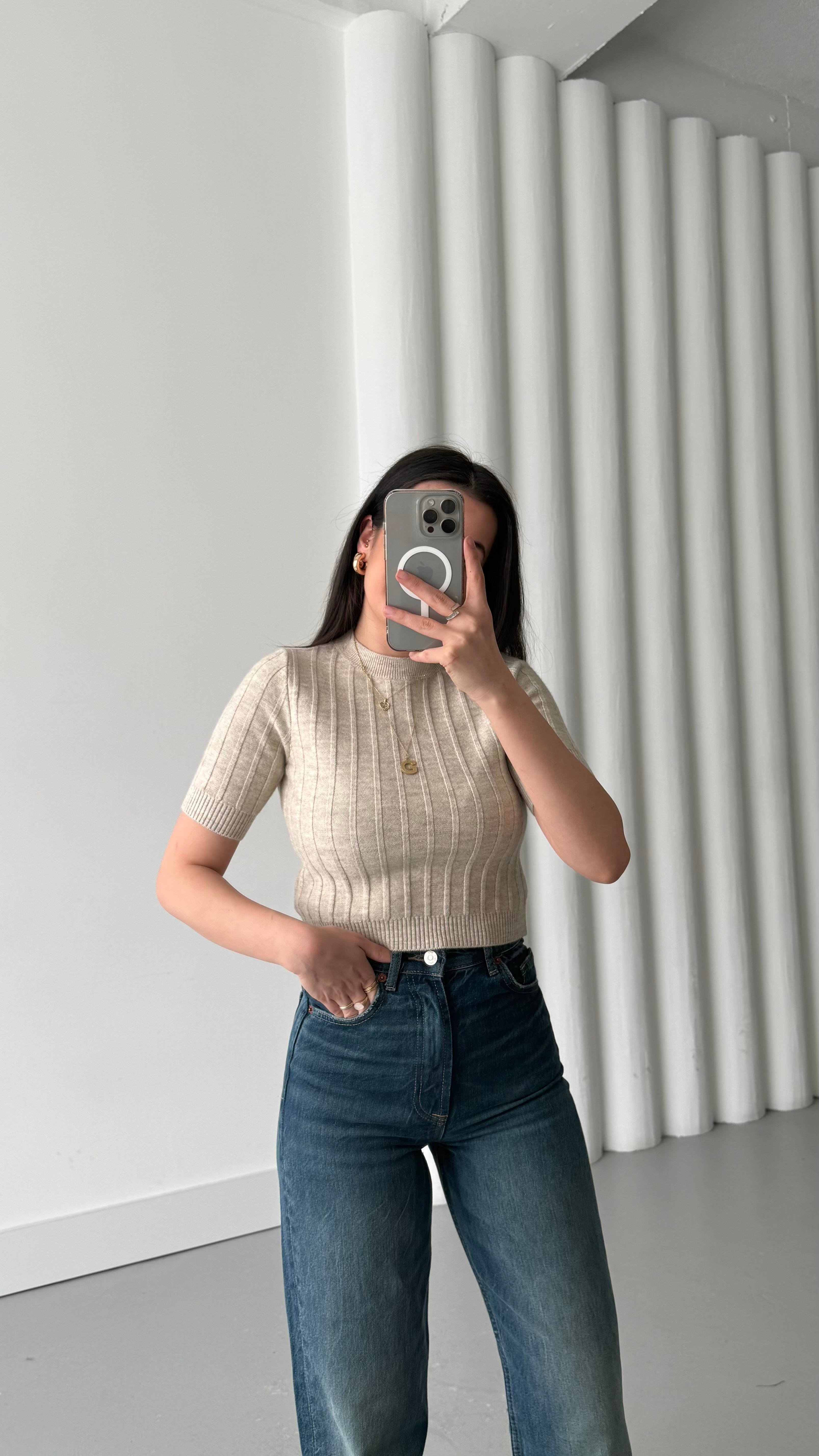 Açık Vizon Kısa Kollu Örme Triko