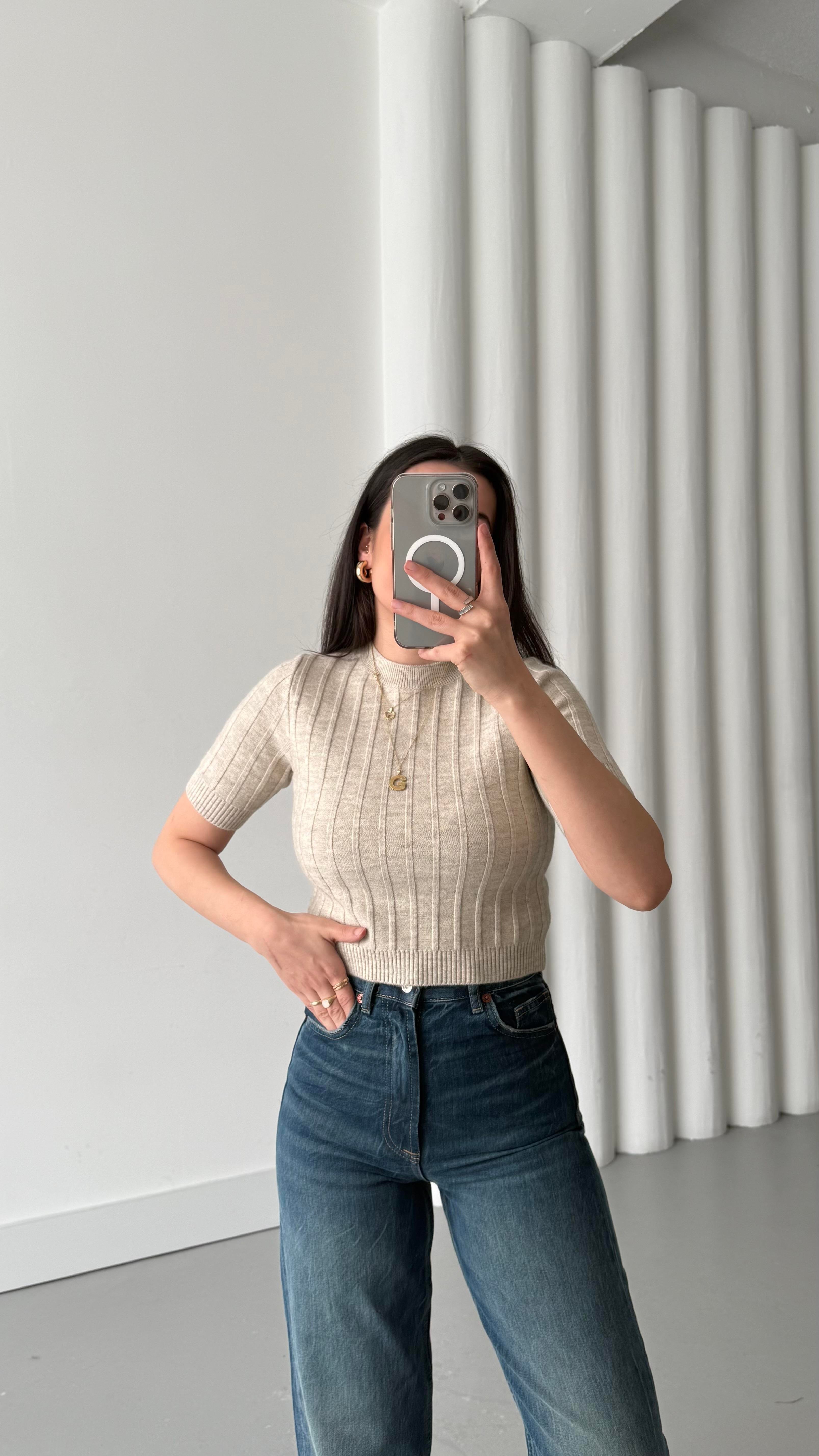 Açık Vizon Kısa Kollu Örme Triko