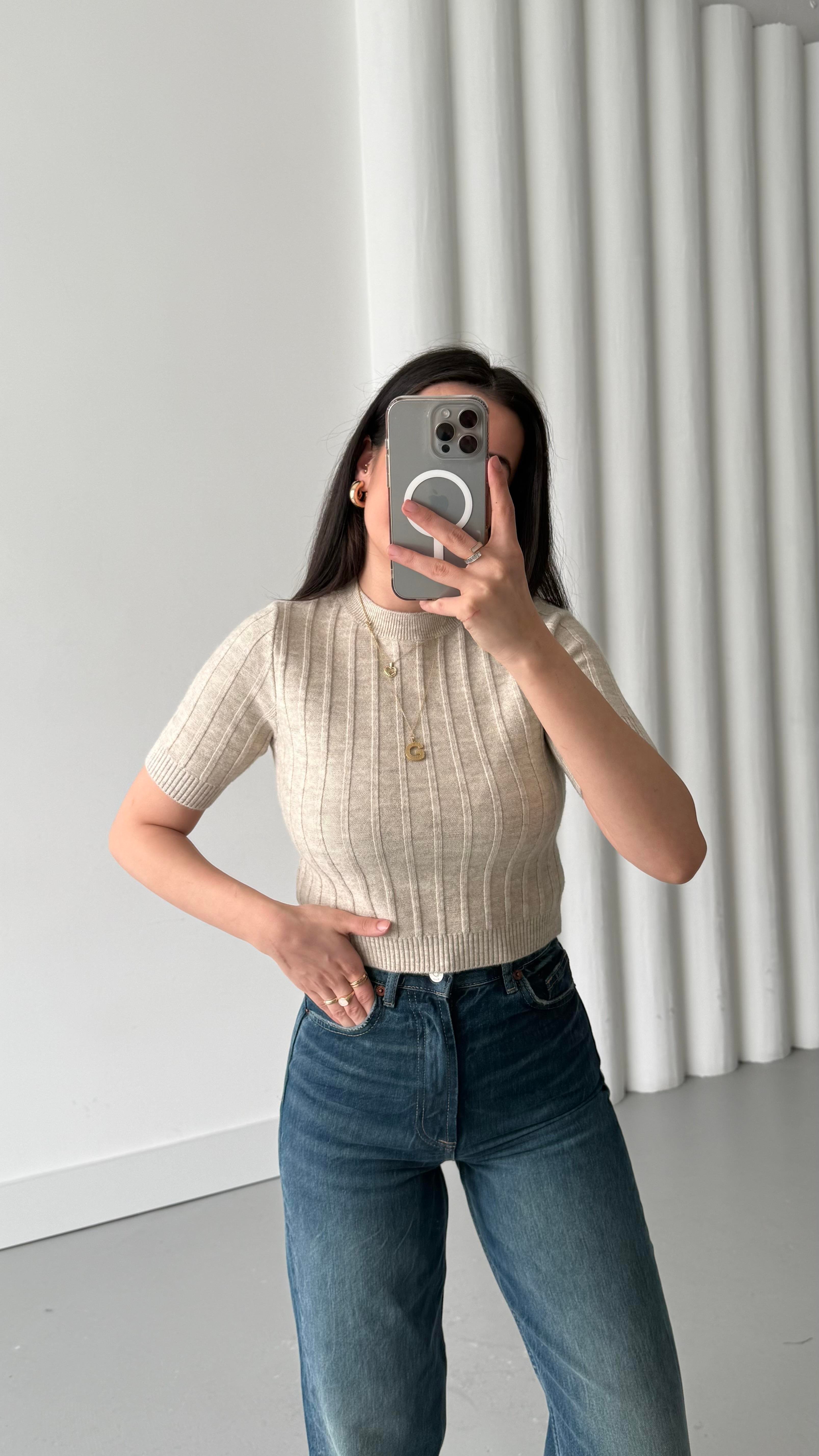 Açık Vizon Kısa Kollu Örme Triko