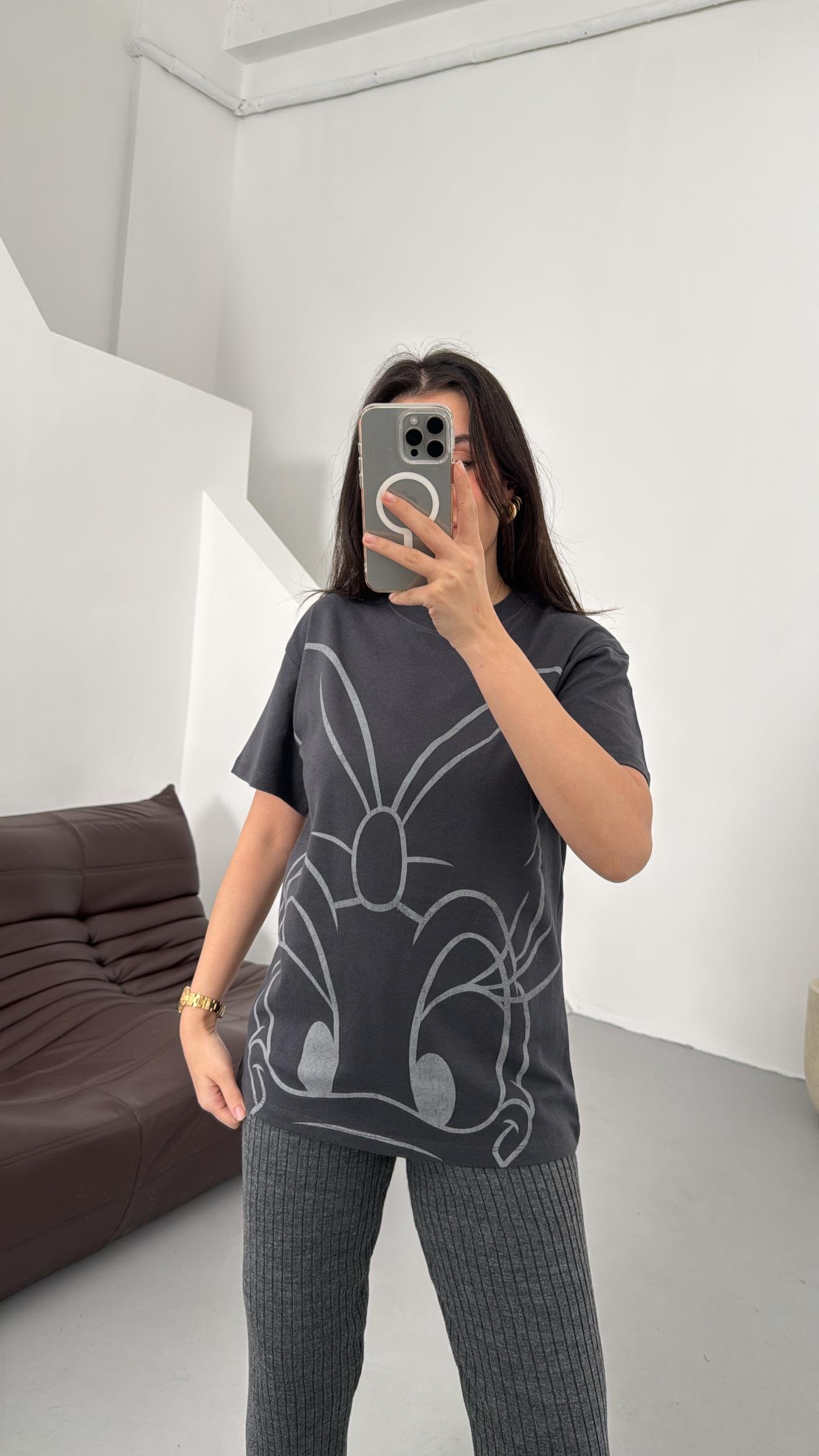 Antrasit Baskı Detaylı Basıc Tişört 