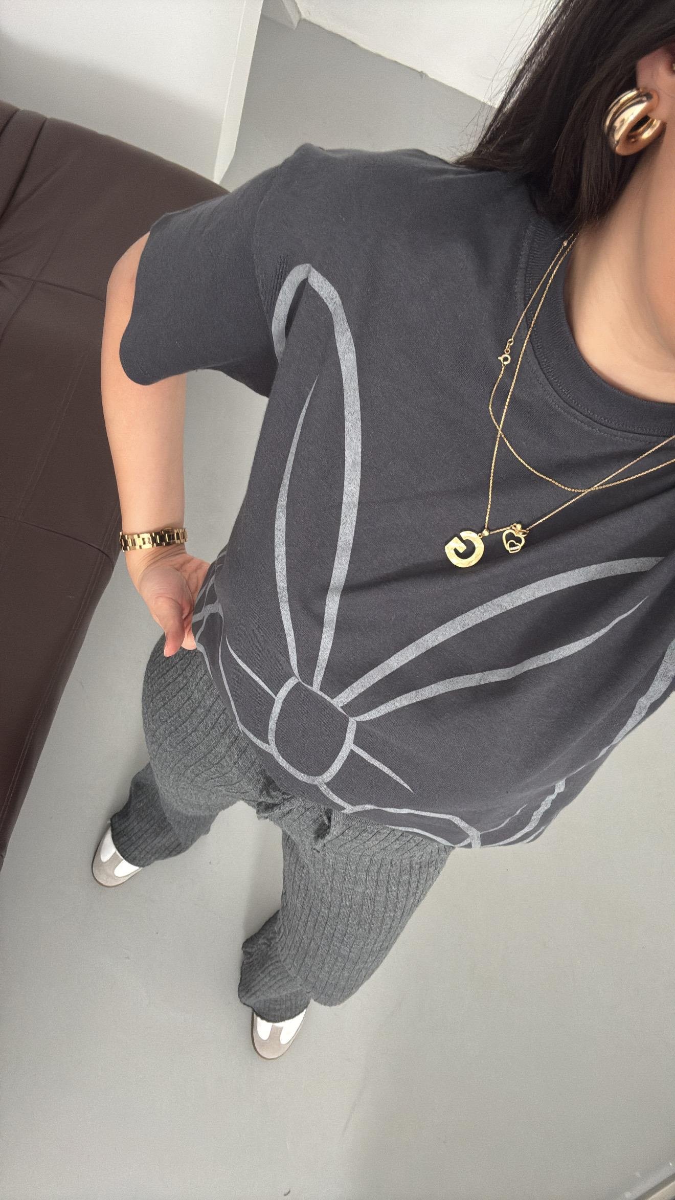 Antrasit Baskı Detaylı Basıc Tişört 