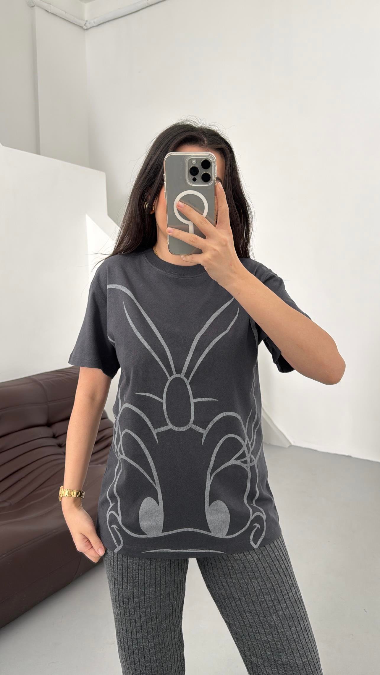 Antrasit Baskı Detaylı Basıc Tişört 