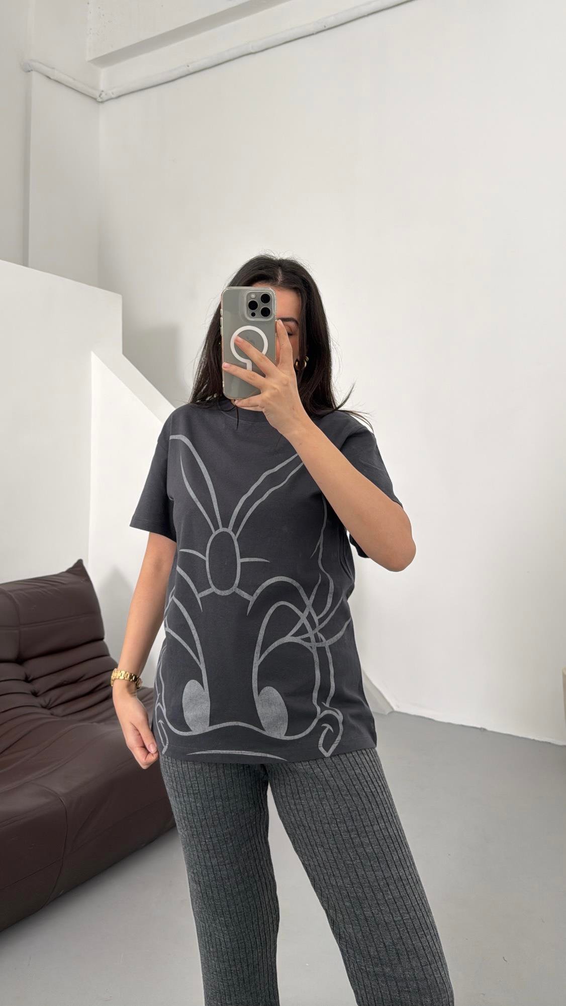 Antrasit Baskı Detaylı Basıc Tişört 