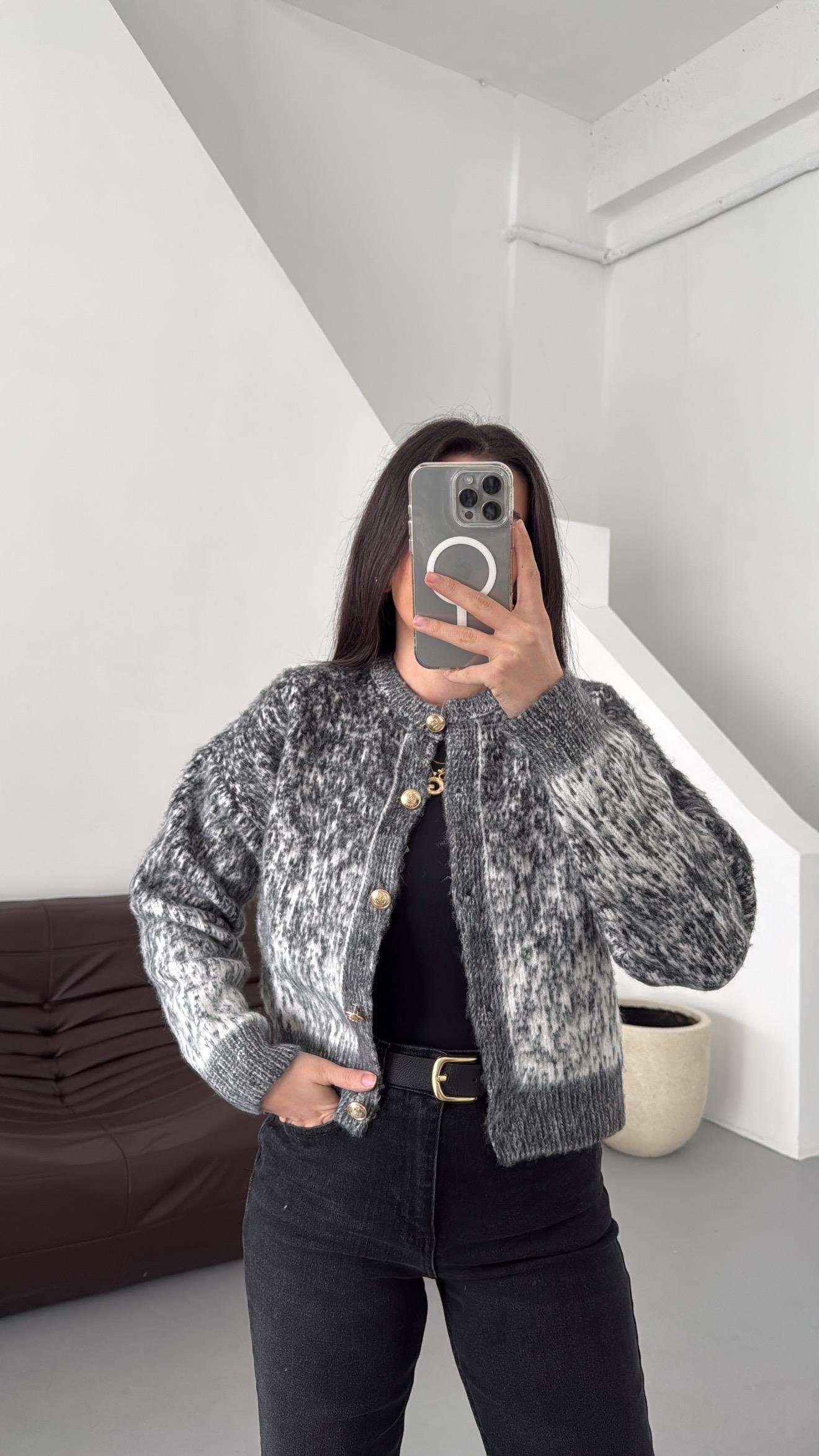 Antrasit Batik Desen Sakallı Şarbonlu Hırka 