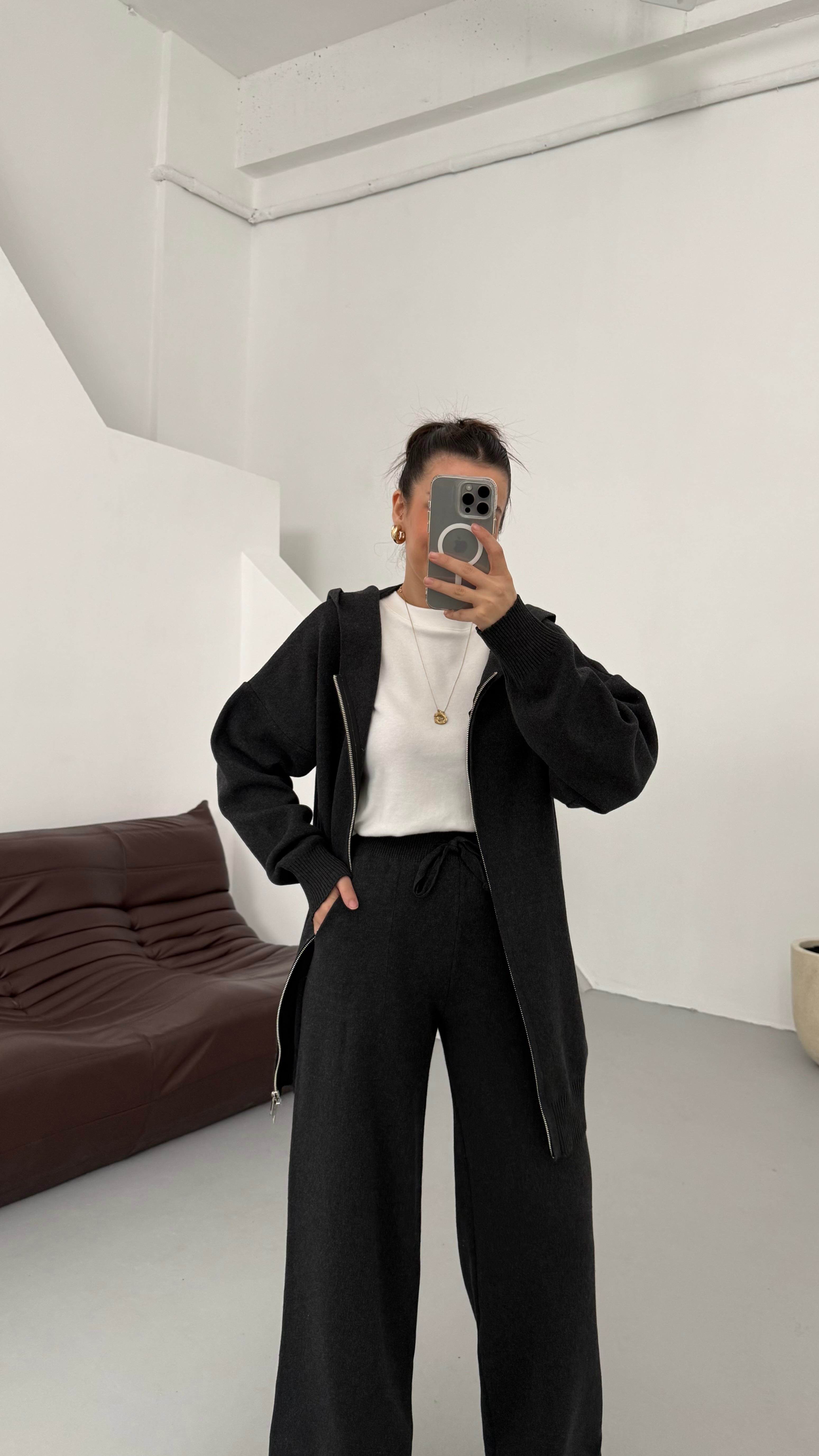 Antrasit Çift Fermuar Çelik Örme Takım