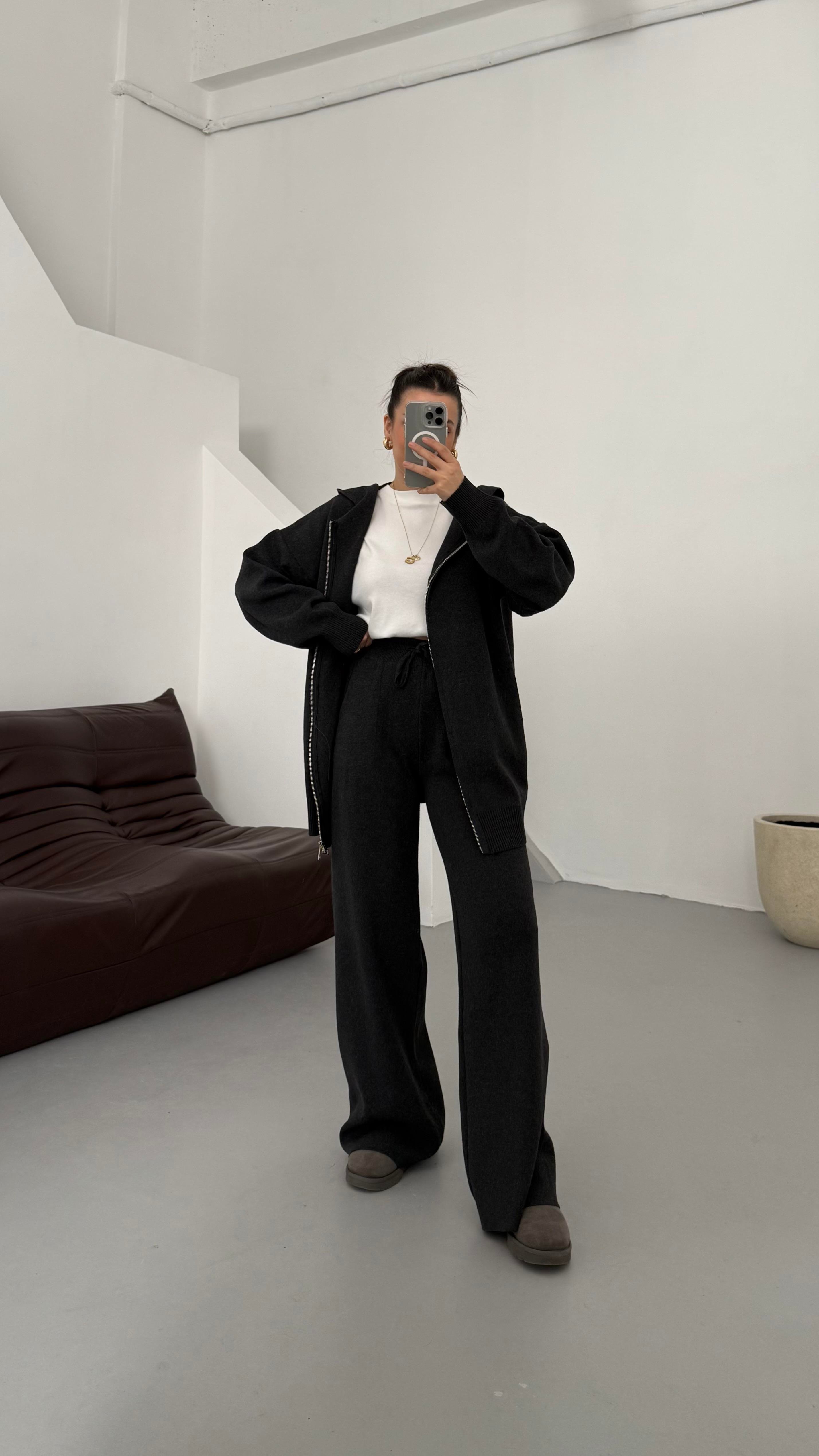 Antrasit Çift Fermuar Çelik Örme Takım