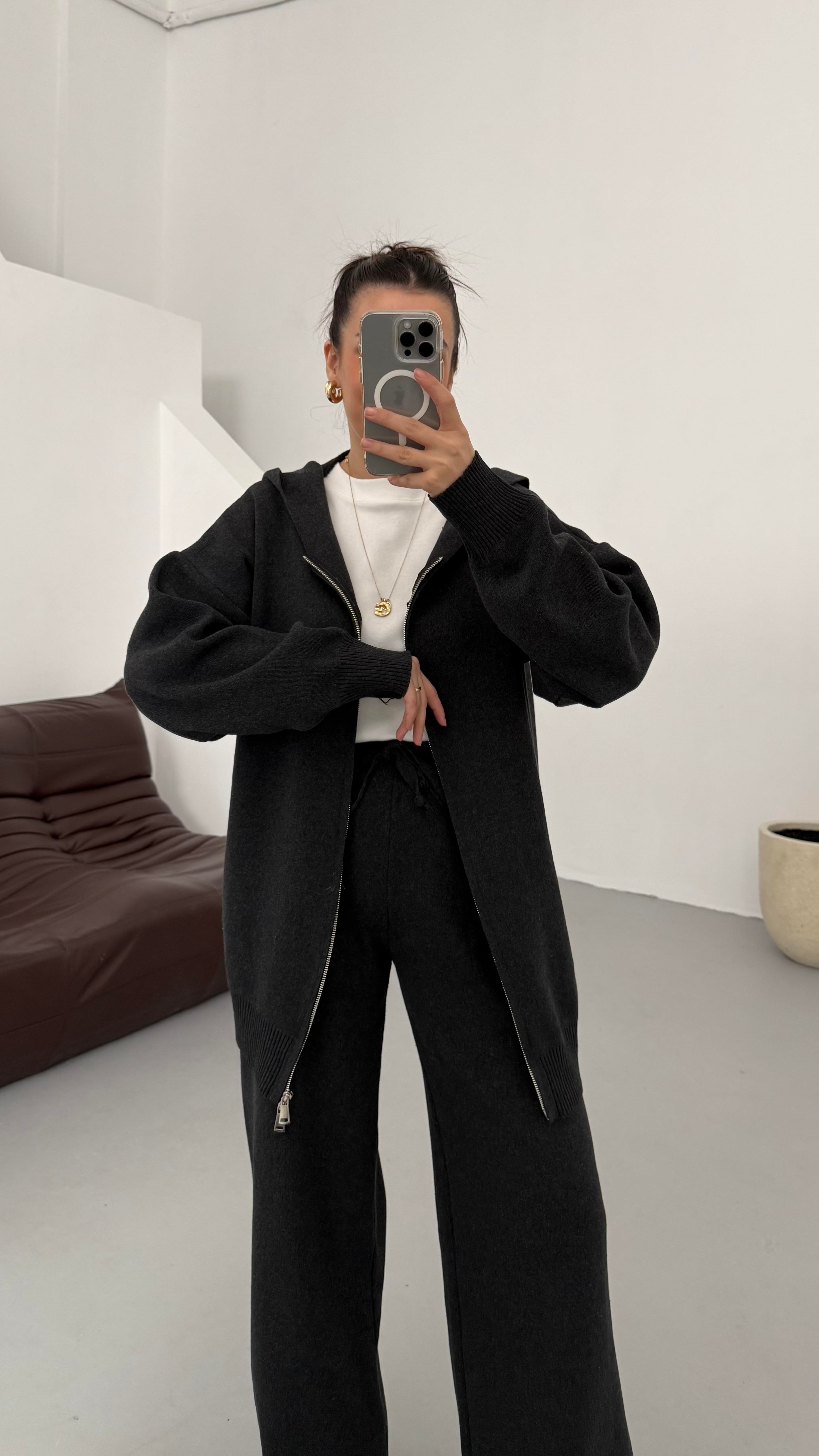 Antrasit Çift Fermuar Çelik Örme Takım