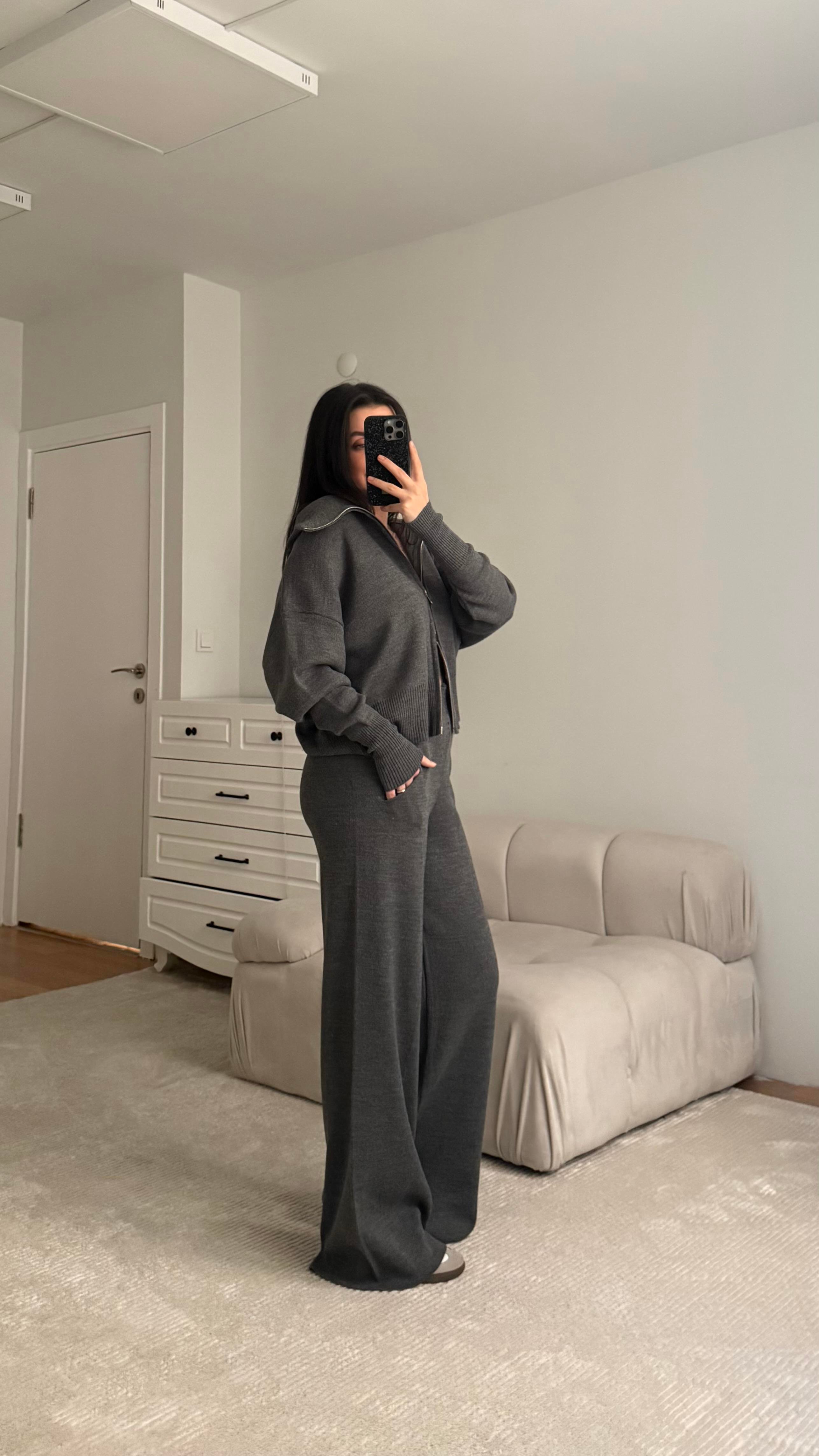 Antrasit Çift Fermuarlı Triko Takım