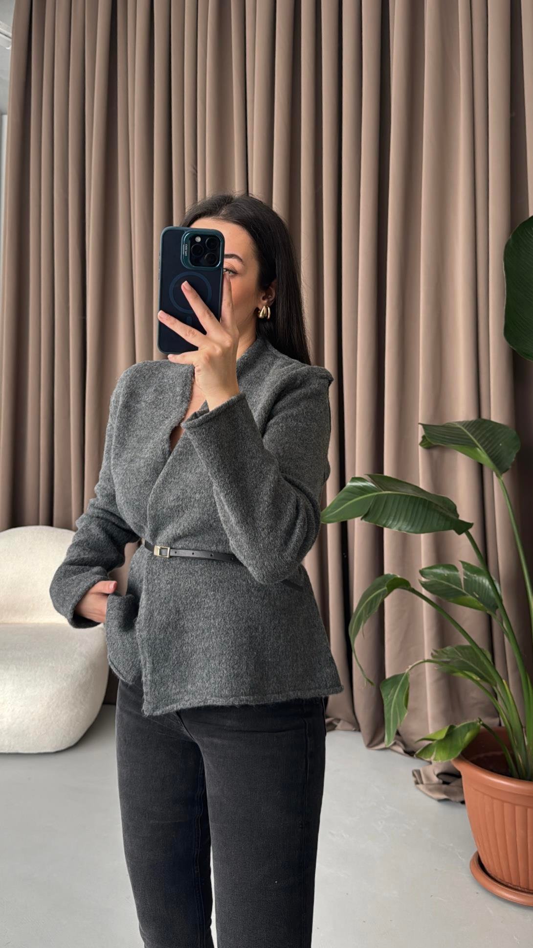 Antrasit Kemerli Triko Ceket