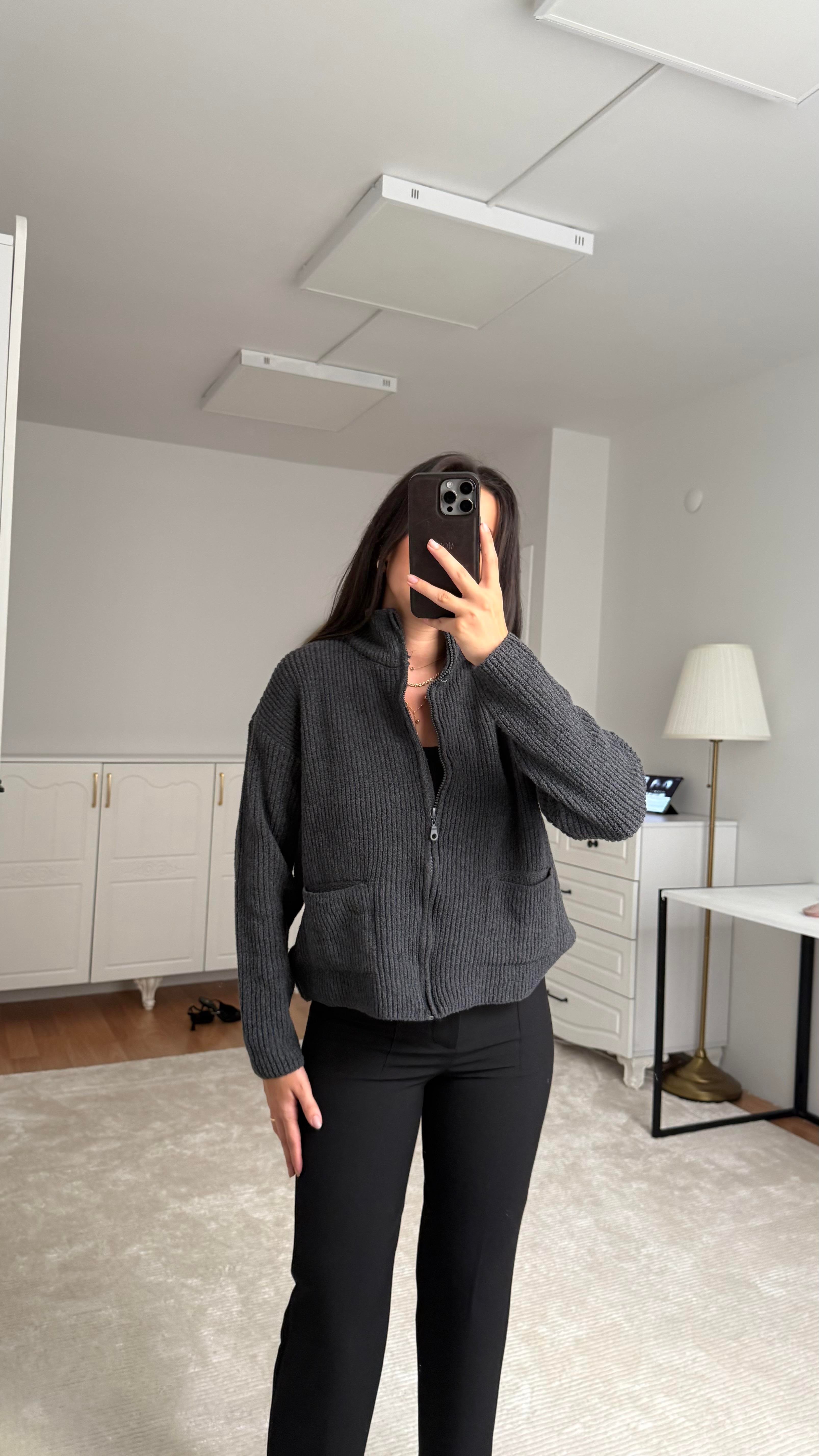 Antrasit Oversize cepli örme hırka