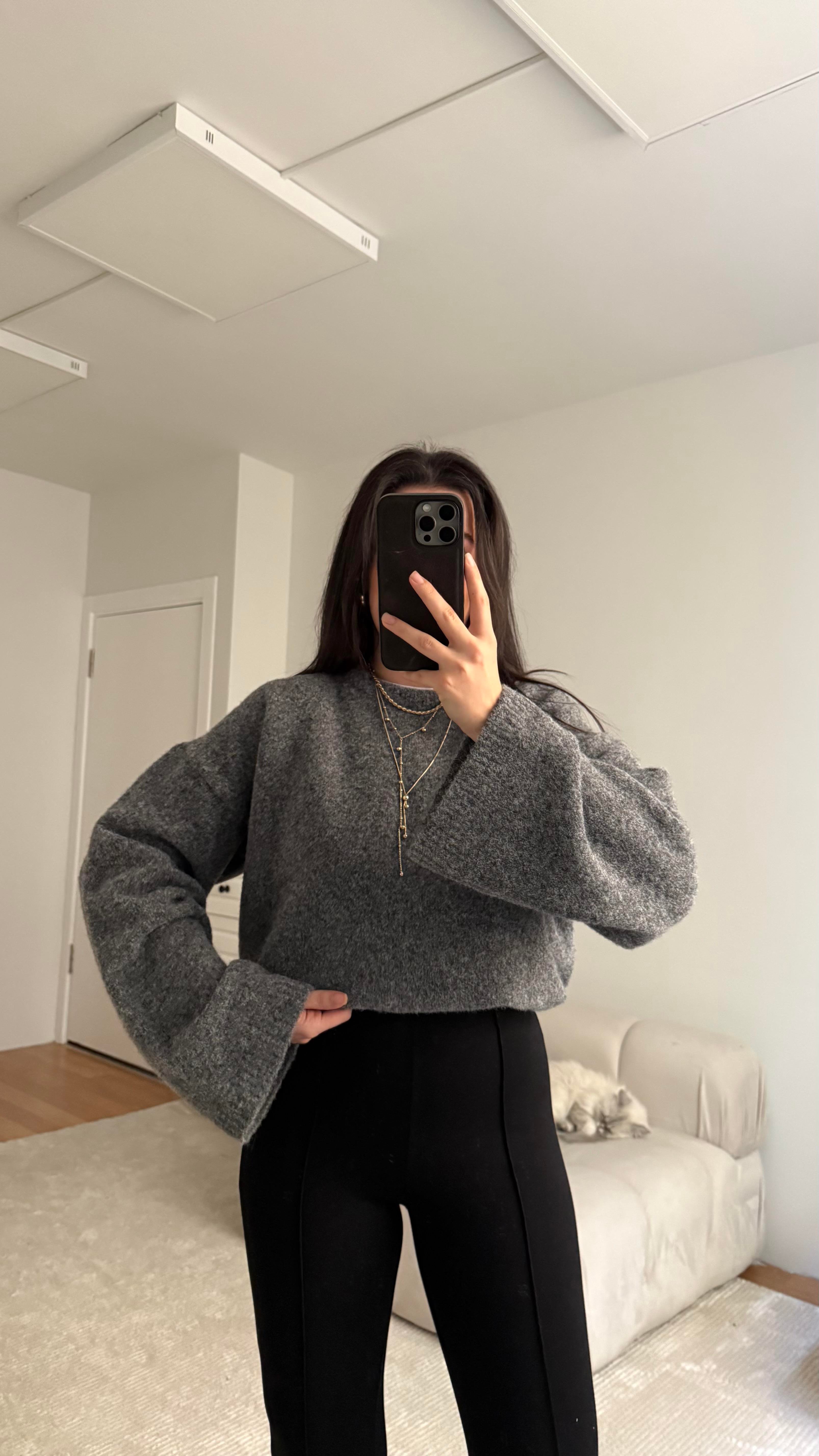 Antrasit Oversize İspanyol Kol Triko Kazak