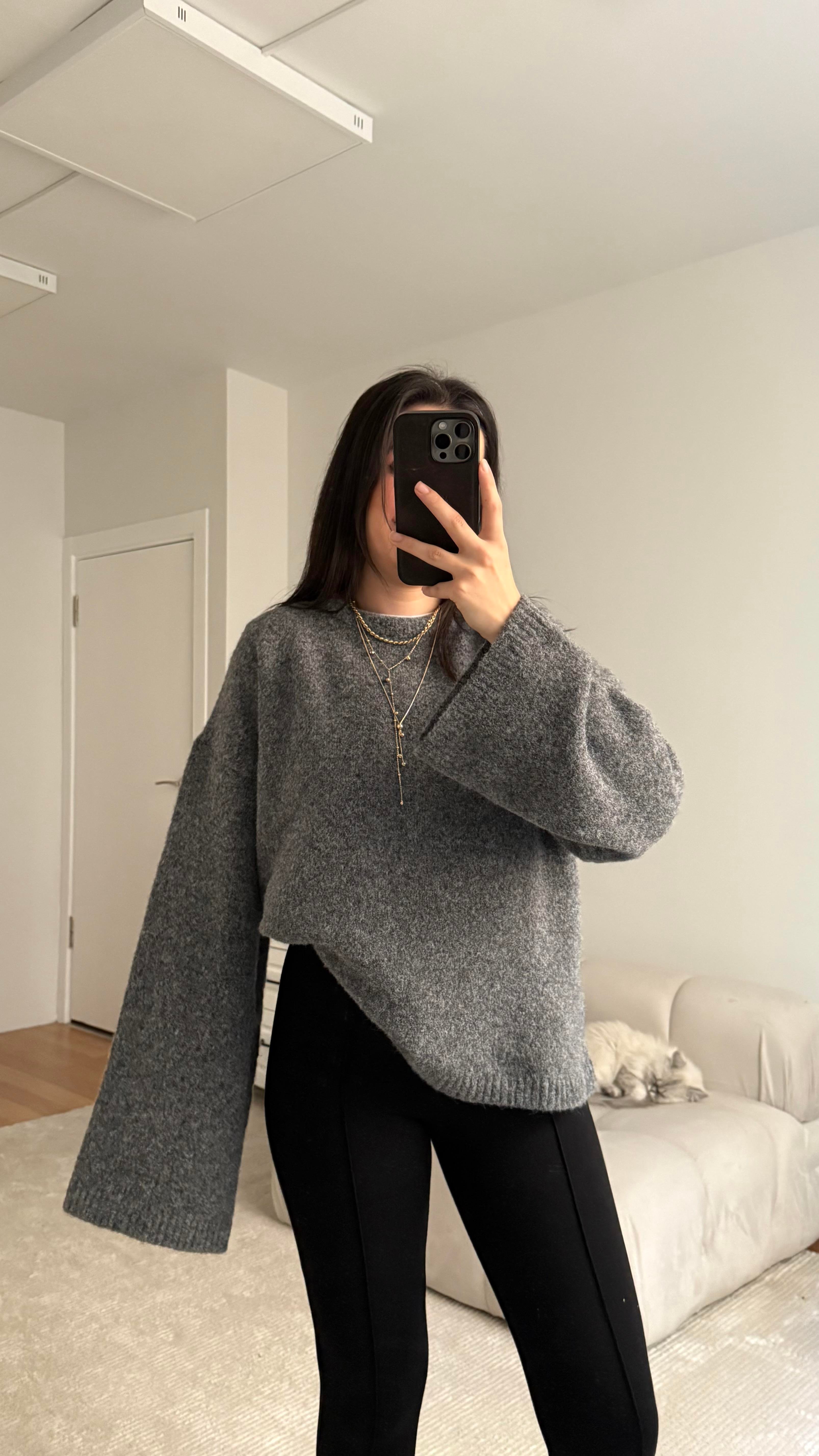 Antrasit Oversize İspanyol Kol Triko Kazak