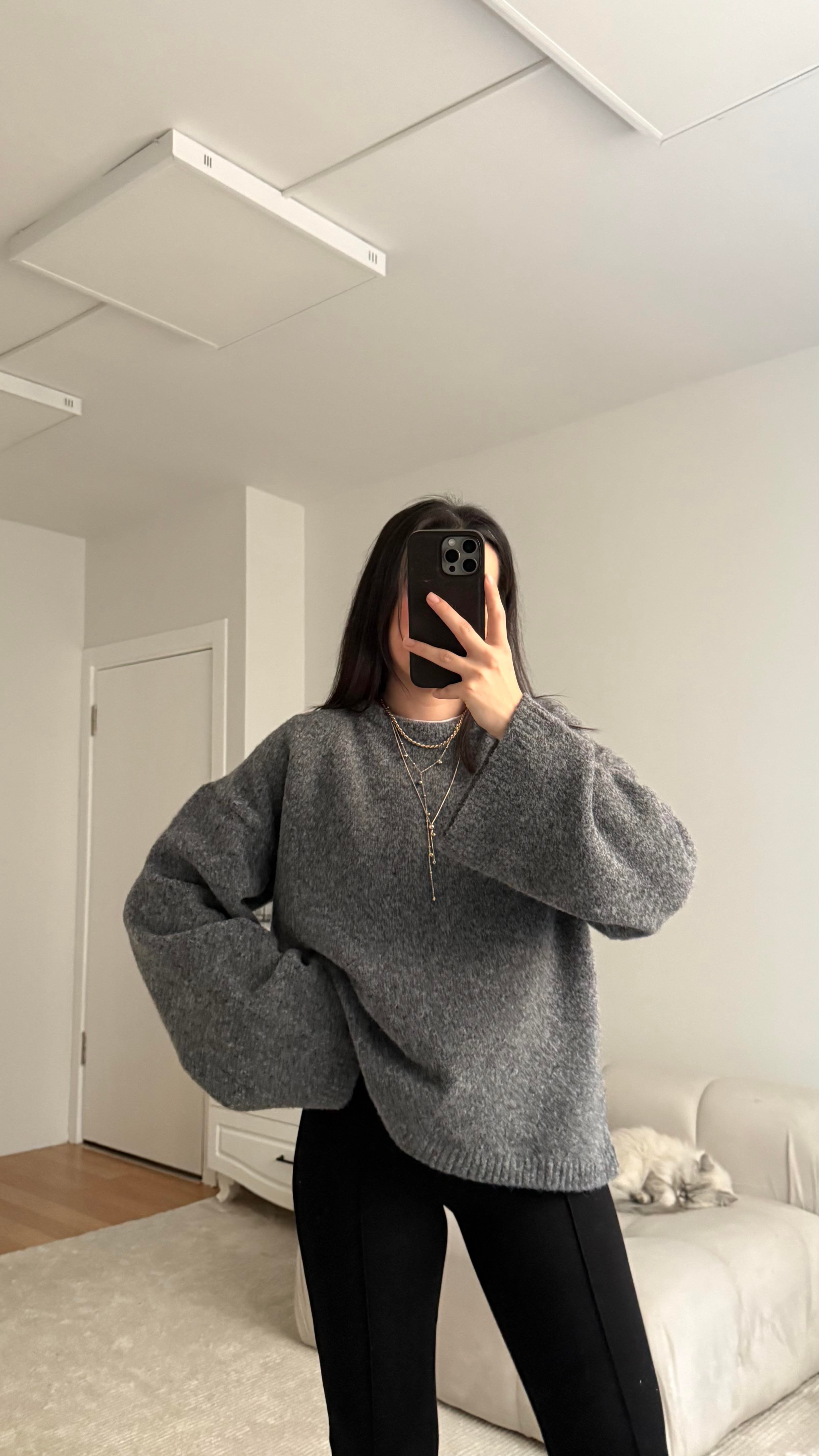 Antrasit Oversize İspanyol Kol Triko Kazak