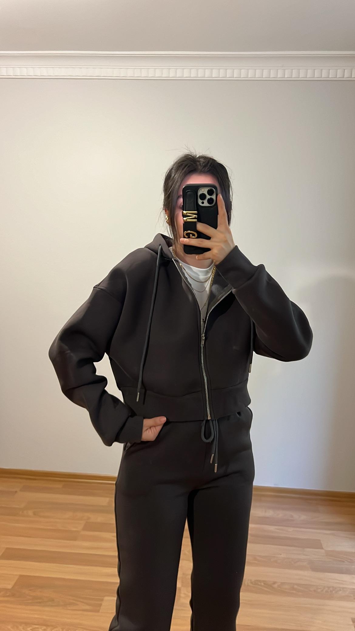 ANTRASİT ÜÇ İPLİK ŞARDONLU CROP HIRKA