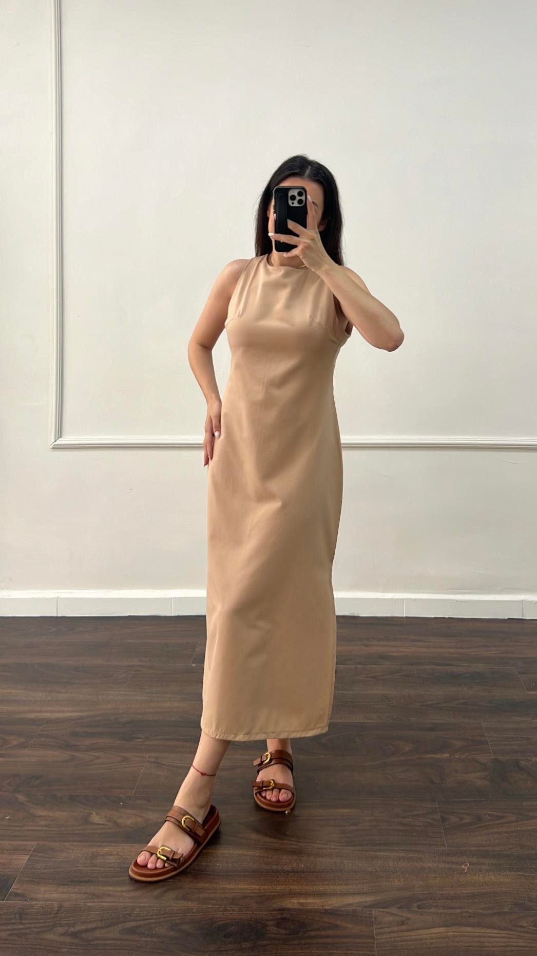 Ays Somon Ham Keten Midi Elbise