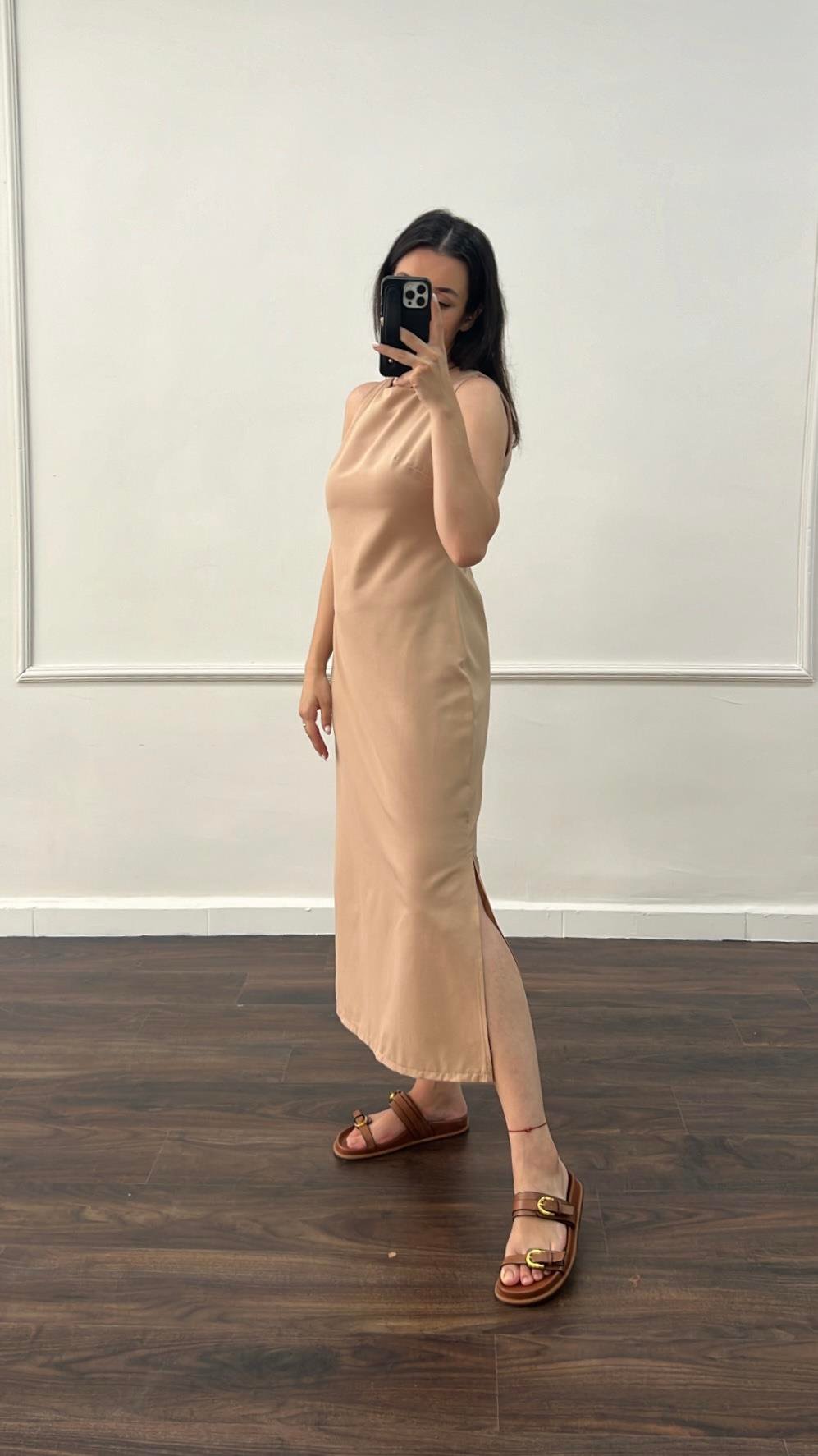 Ays Somon Ham Keten Midi Elbise