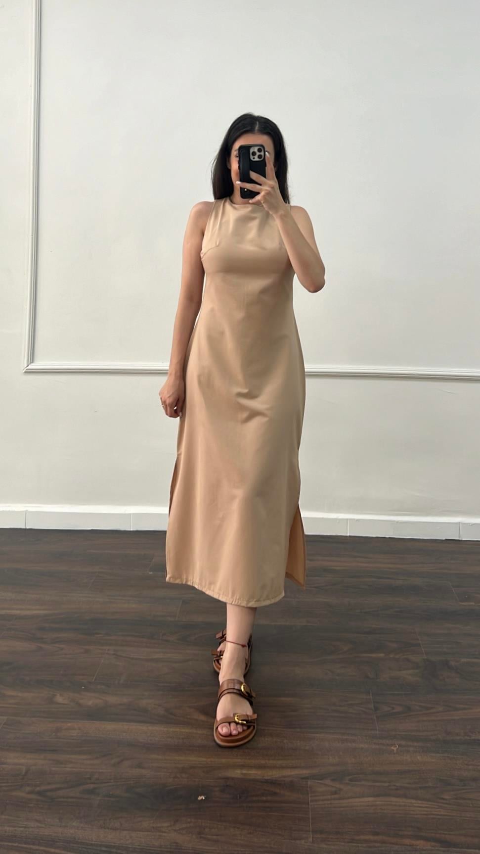 Ays Somon Ham Keten Midi Elbise