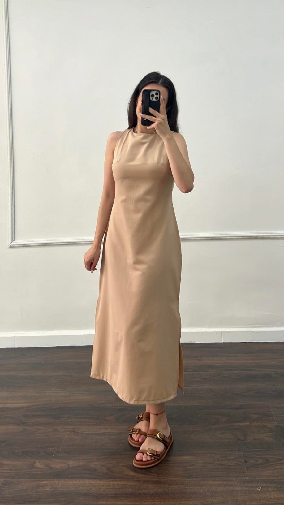 Ays Somon Ham Keten Midi Elbise