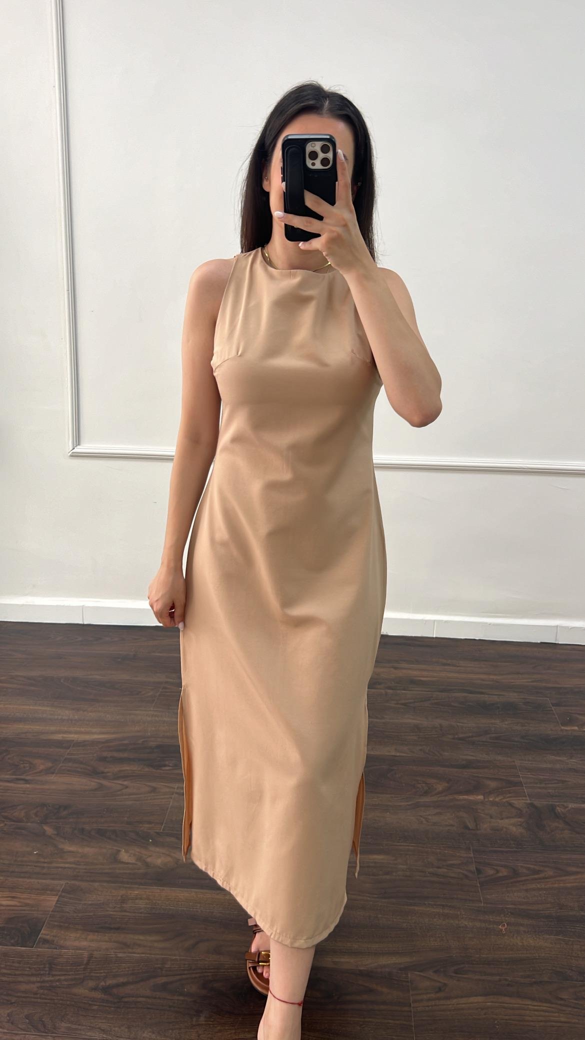 Ays Somon Ham Keten Midi Elbise