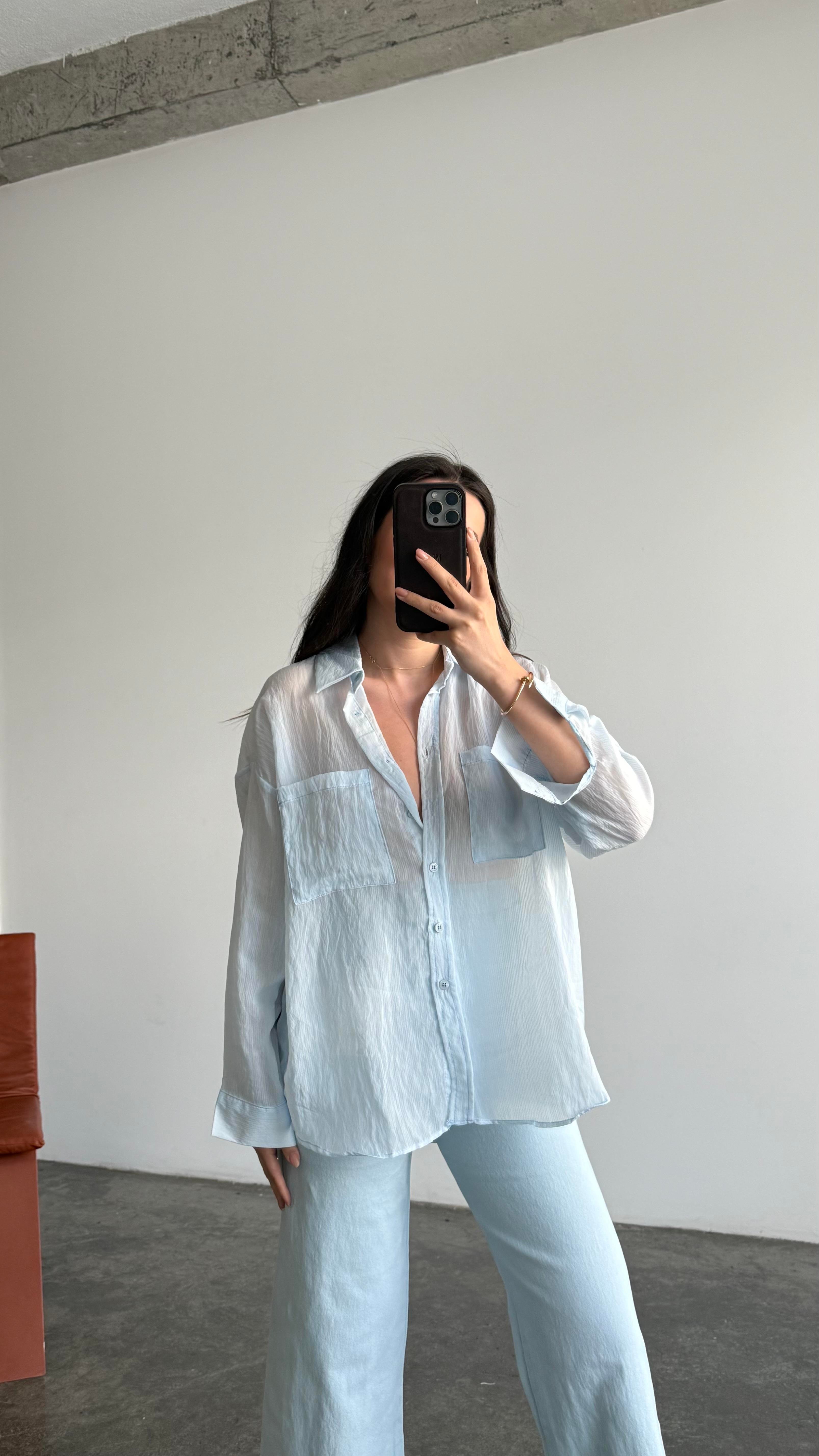 Bebek Mavi Transparan Oversize Gömlek