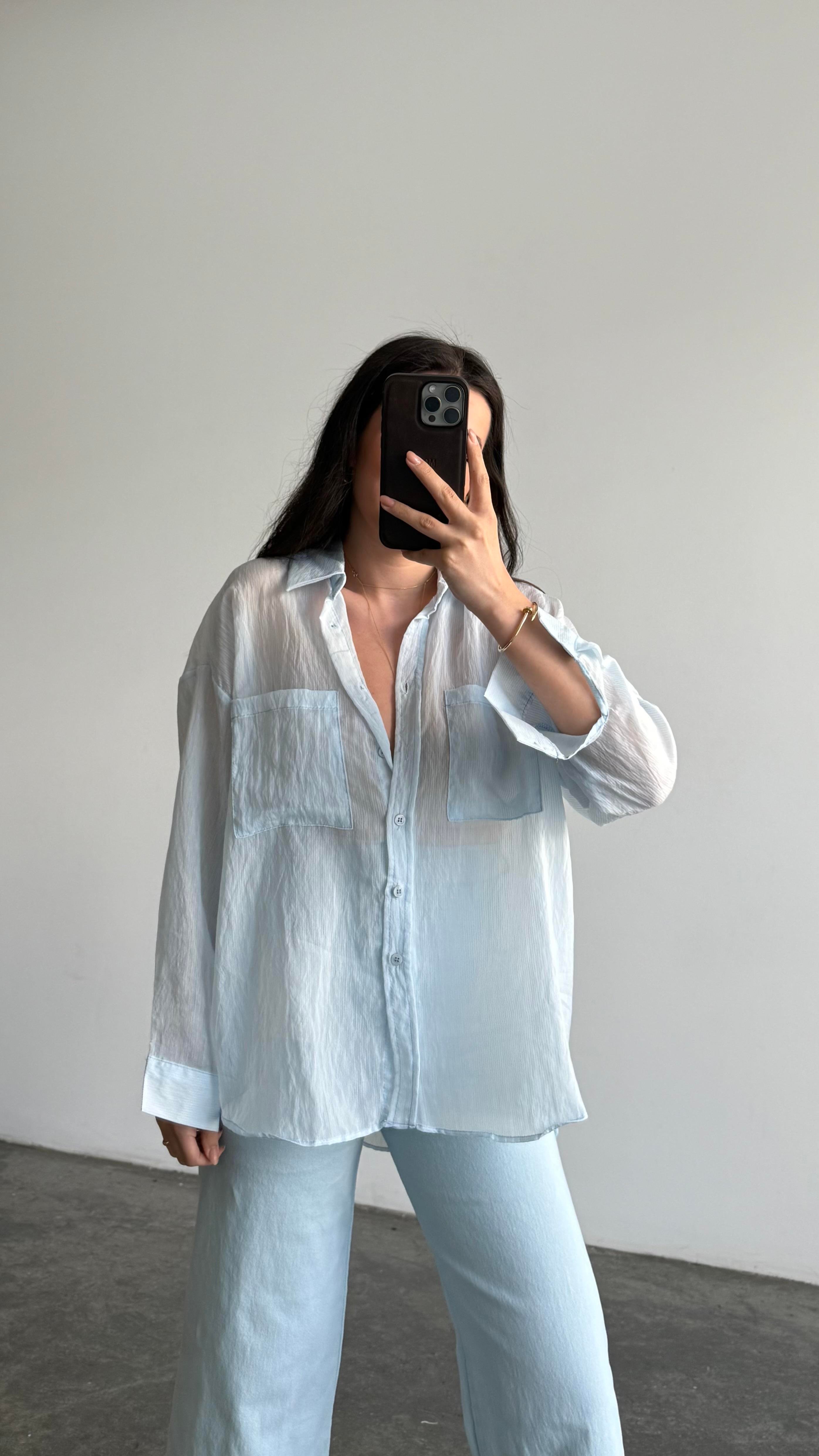 Bebek Mavi Transparan Oversize Gömlek