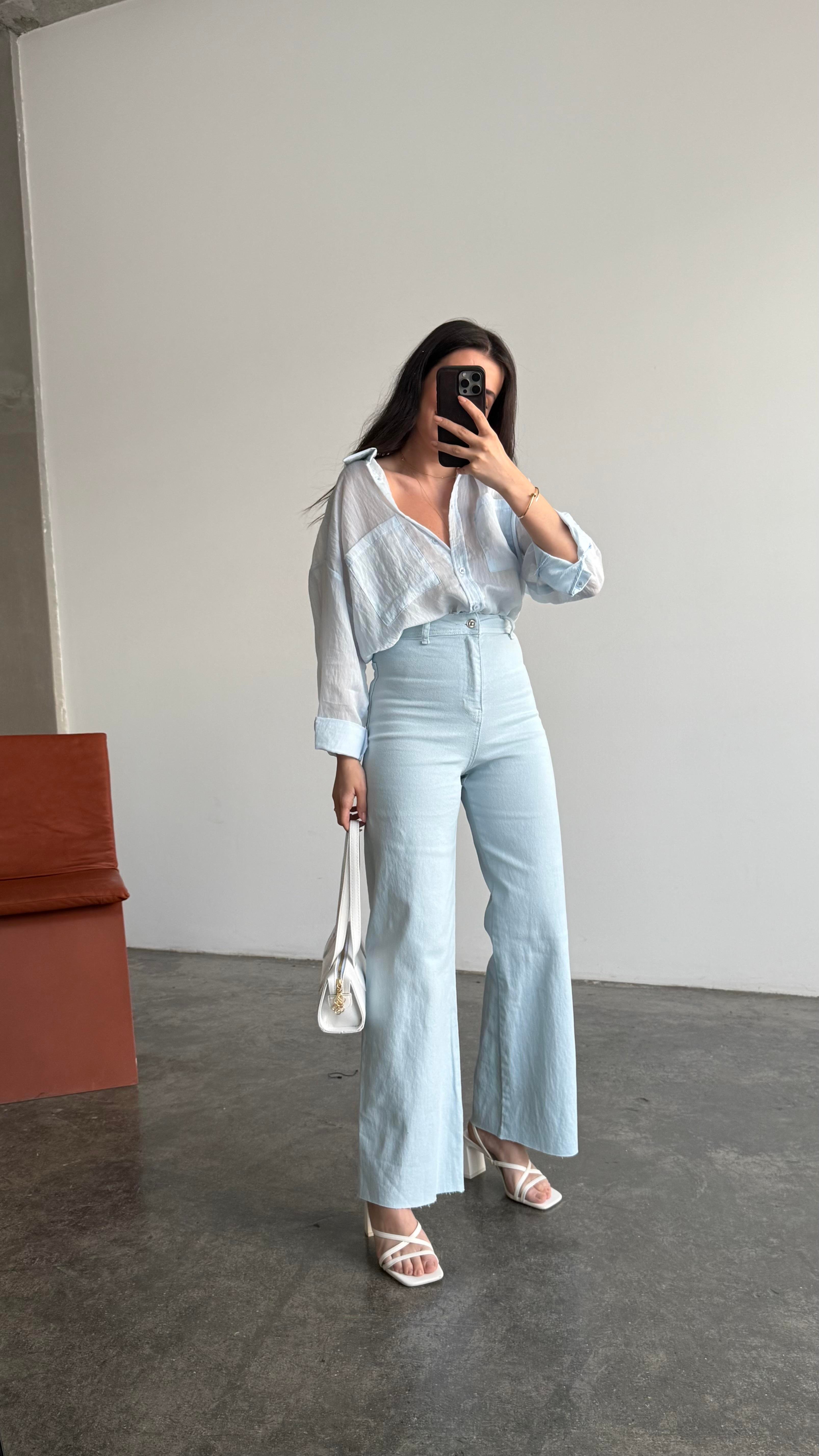 Bebek Mavi Transparan Oversize Gömlek