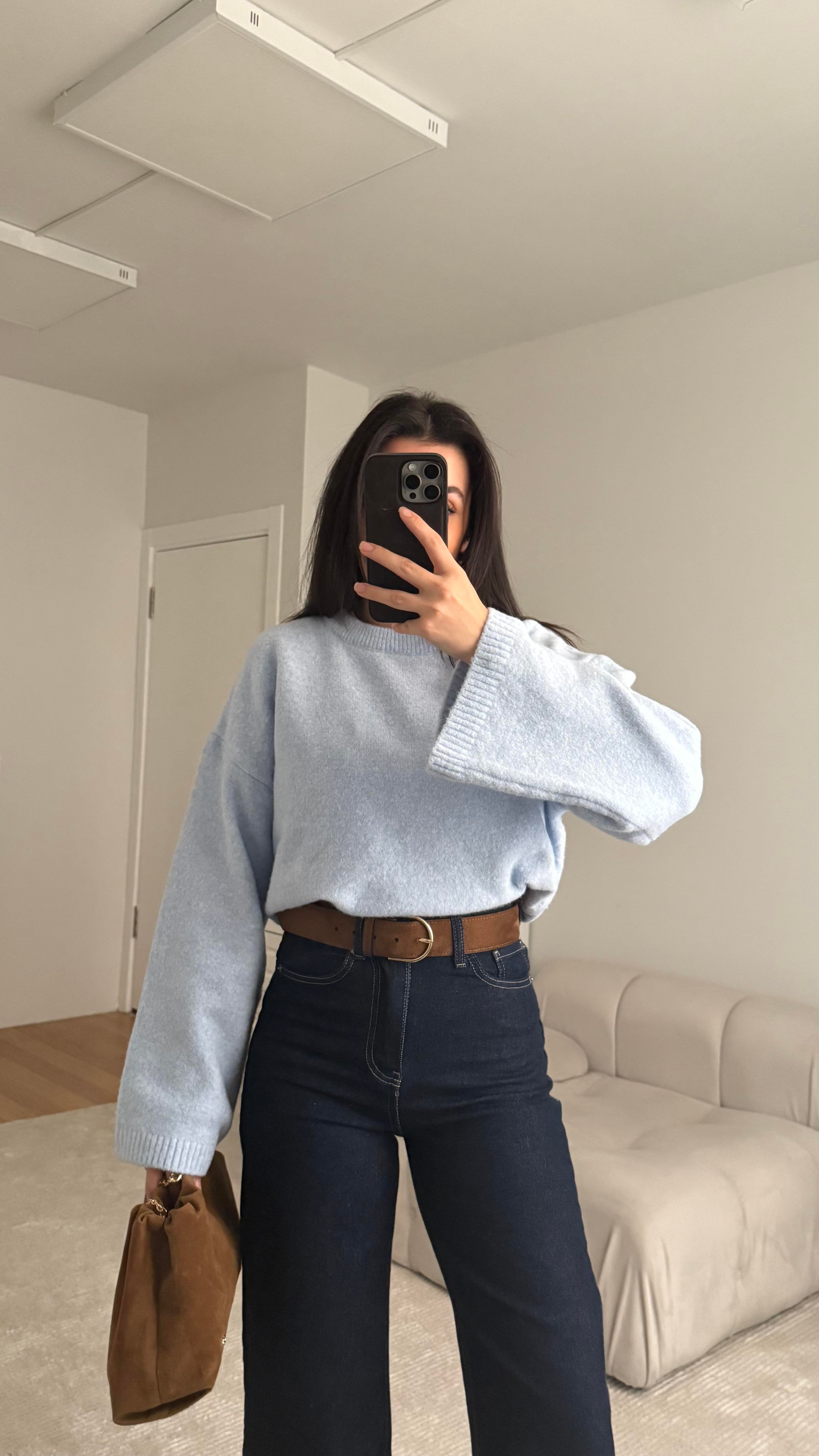 Bebek Mavisi Oversize İspanyol Kol Triko Kazak