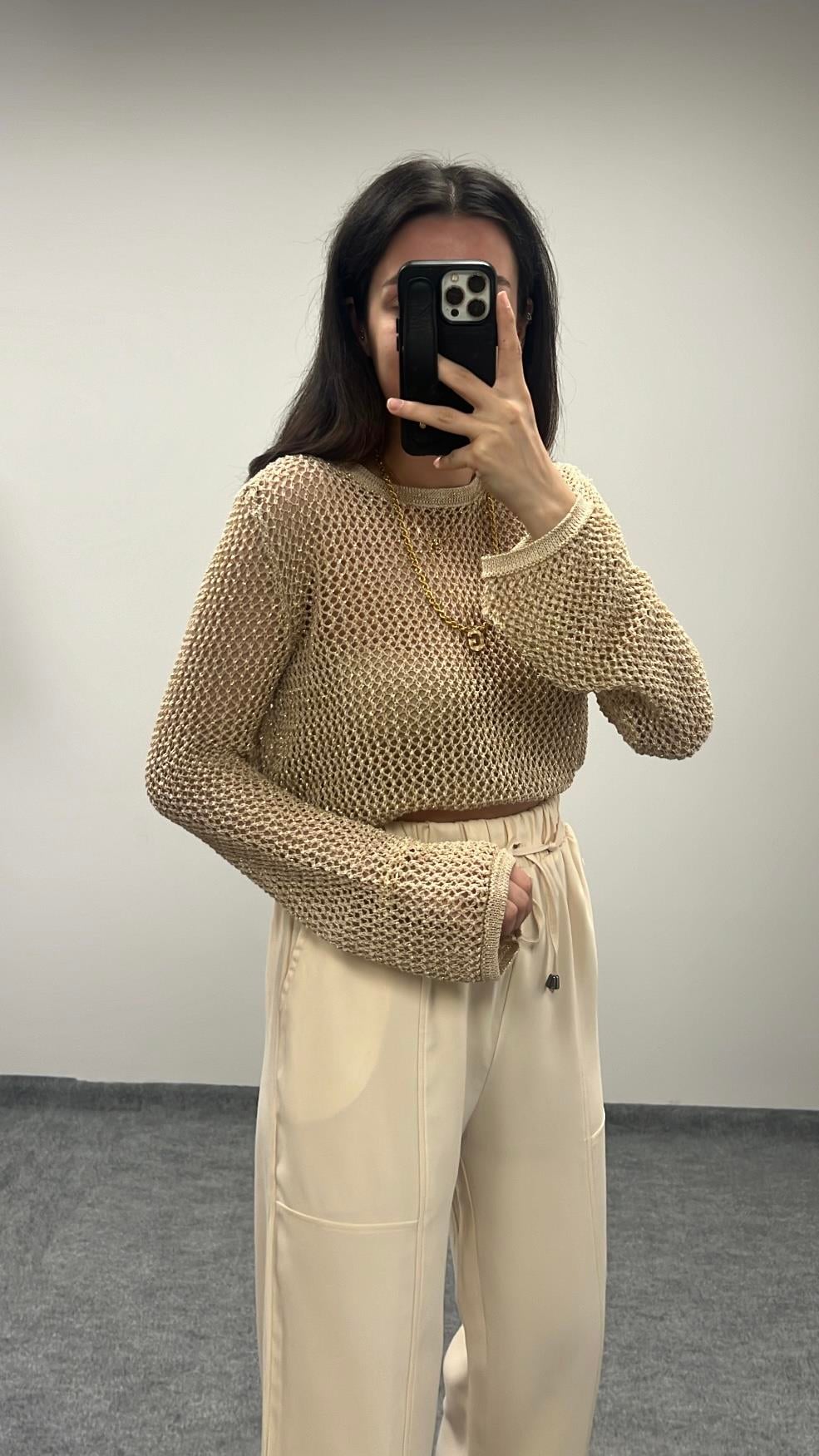 Bej  Ajurlu Simli Triko