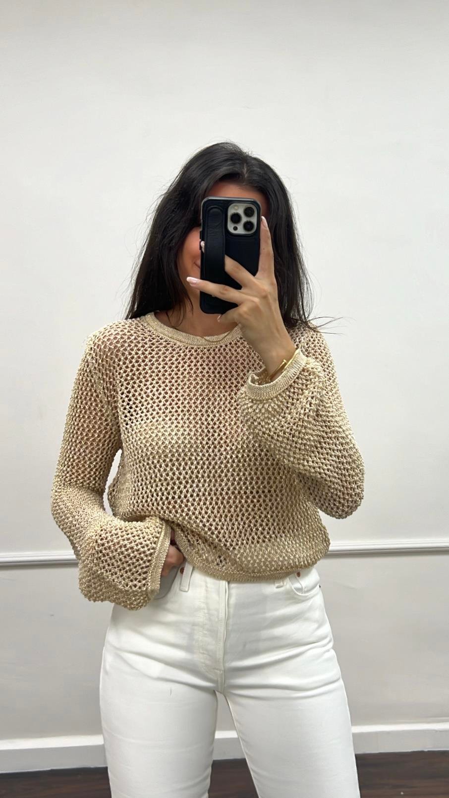 Bej Ajurlu Simli Triko