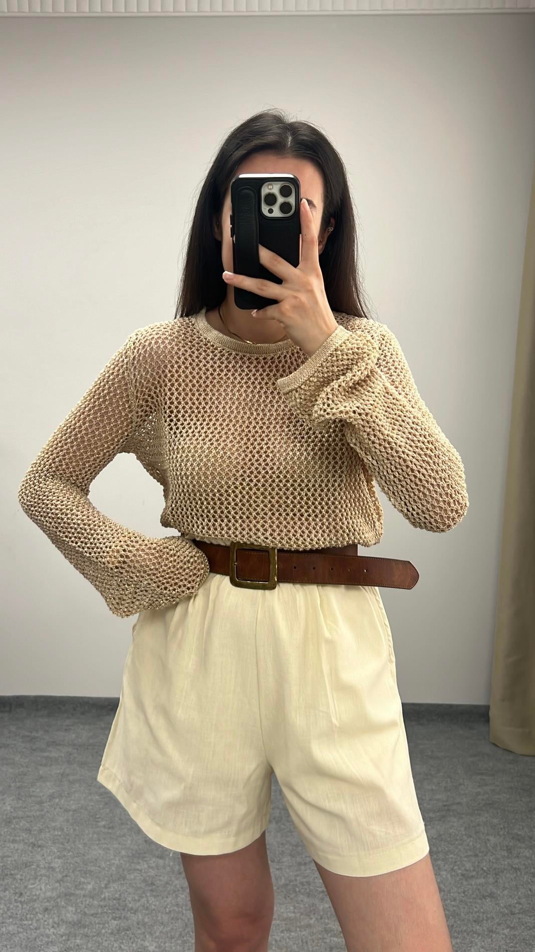 Bej Ajurlu Simli Triko