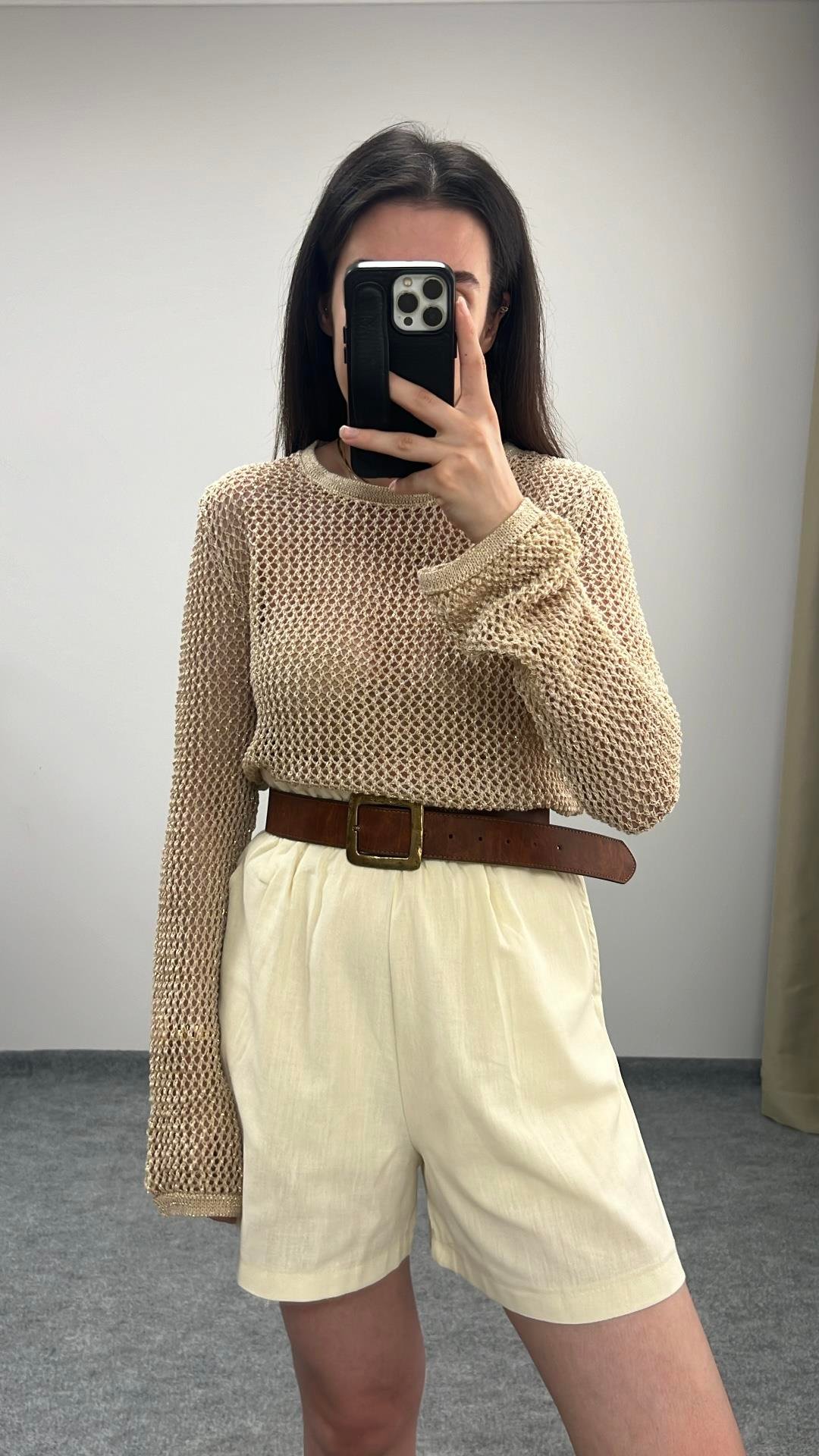 Bej Ajurlu Simli Triko