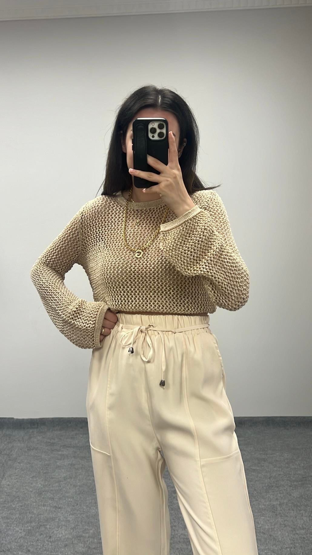 Bej  Ajurlu Simli Triko