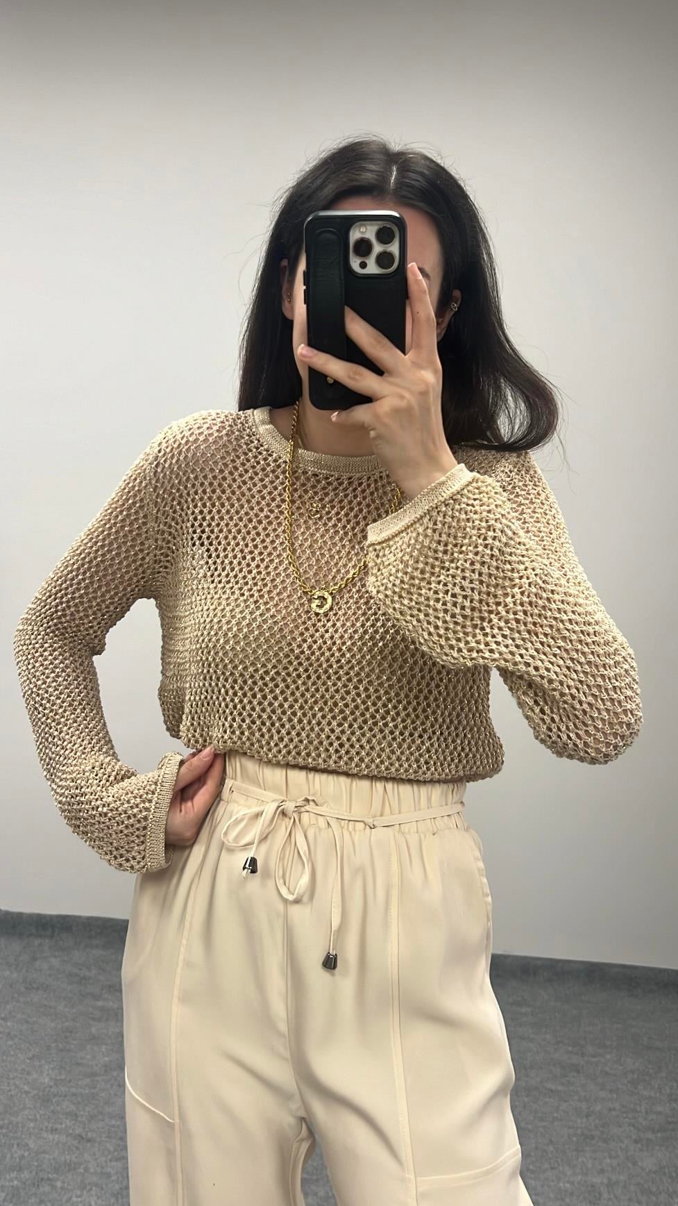 Bej  Ajurlu Simli Triko