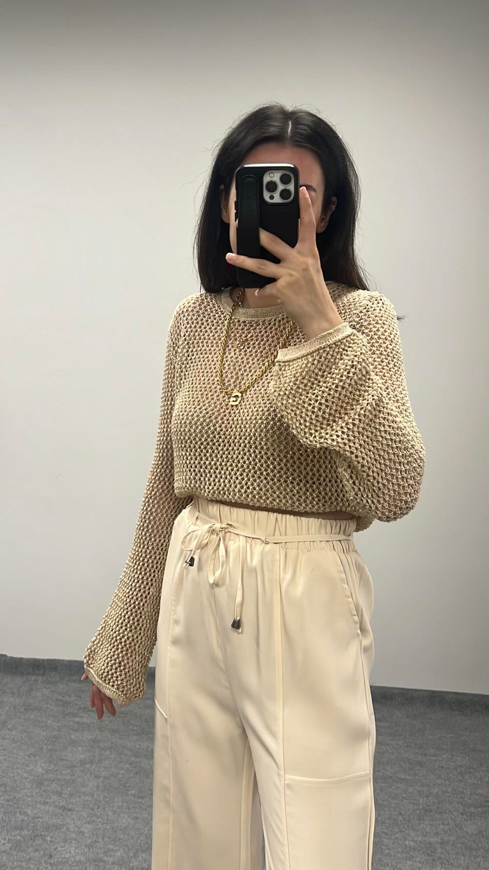 Bej  Ajurlu Simli Triko