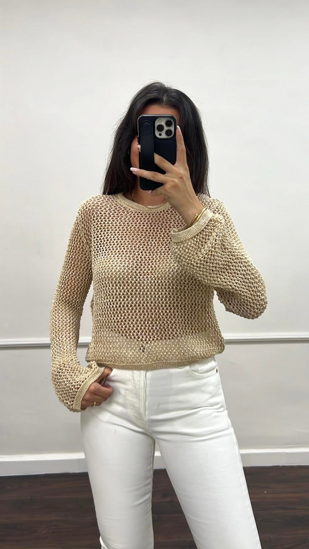 Bej Ajurlu Simli Triko