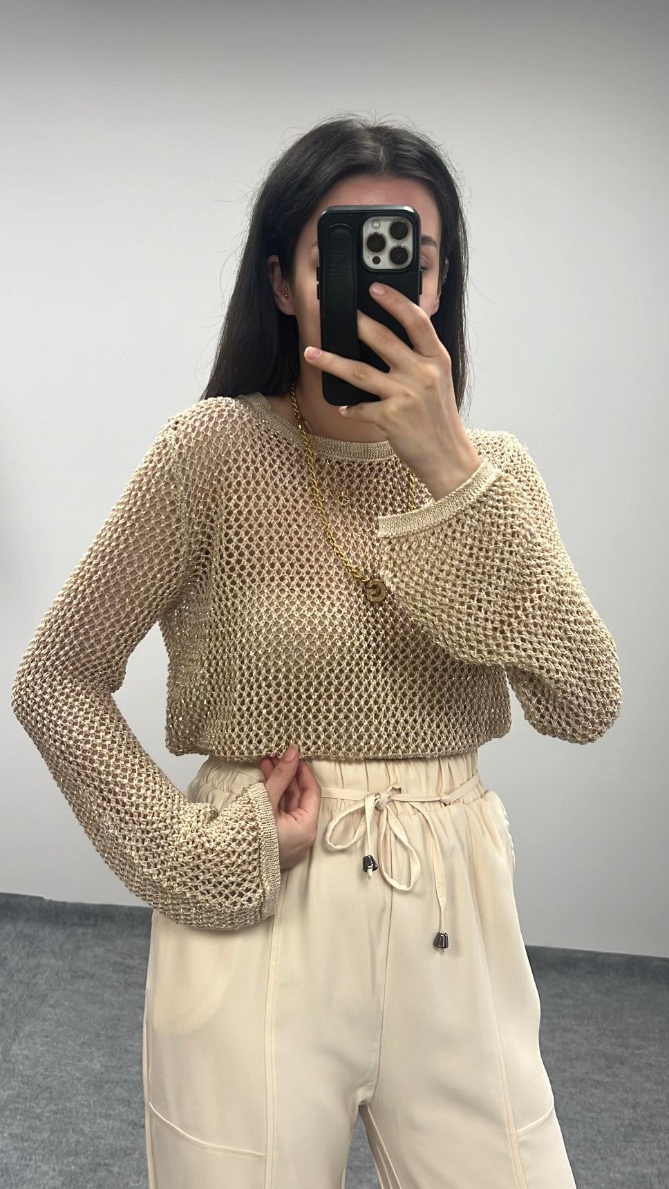 Bej  Ajurlu Simli Triko