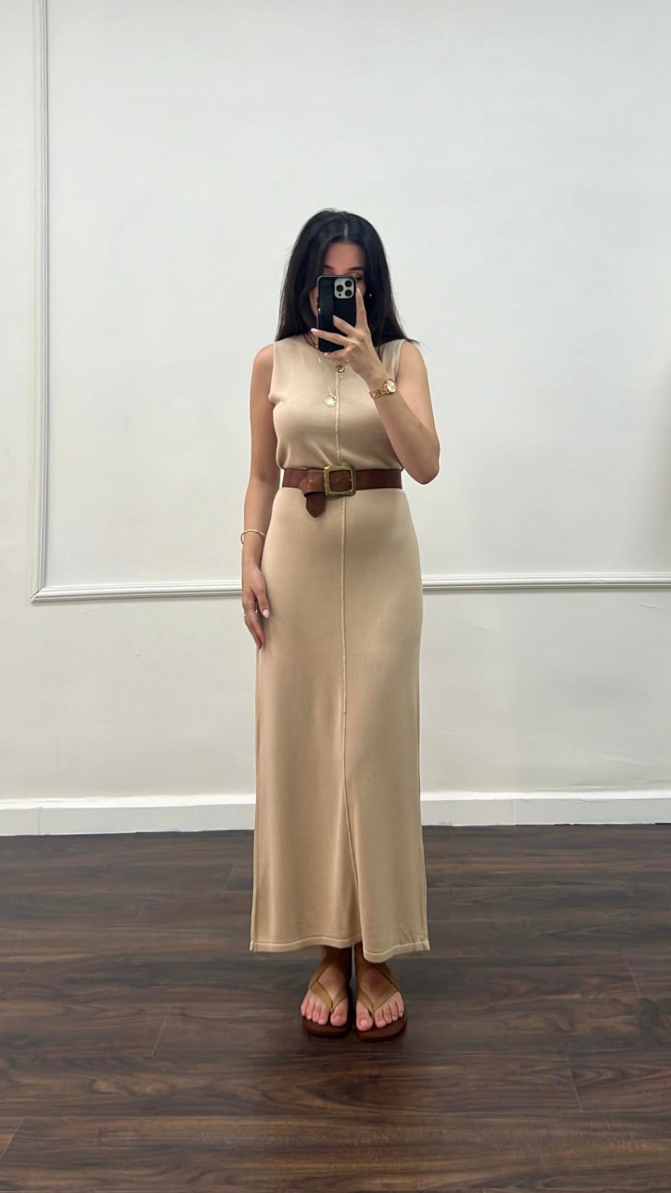 Bej İnce Triko Düz Elbise