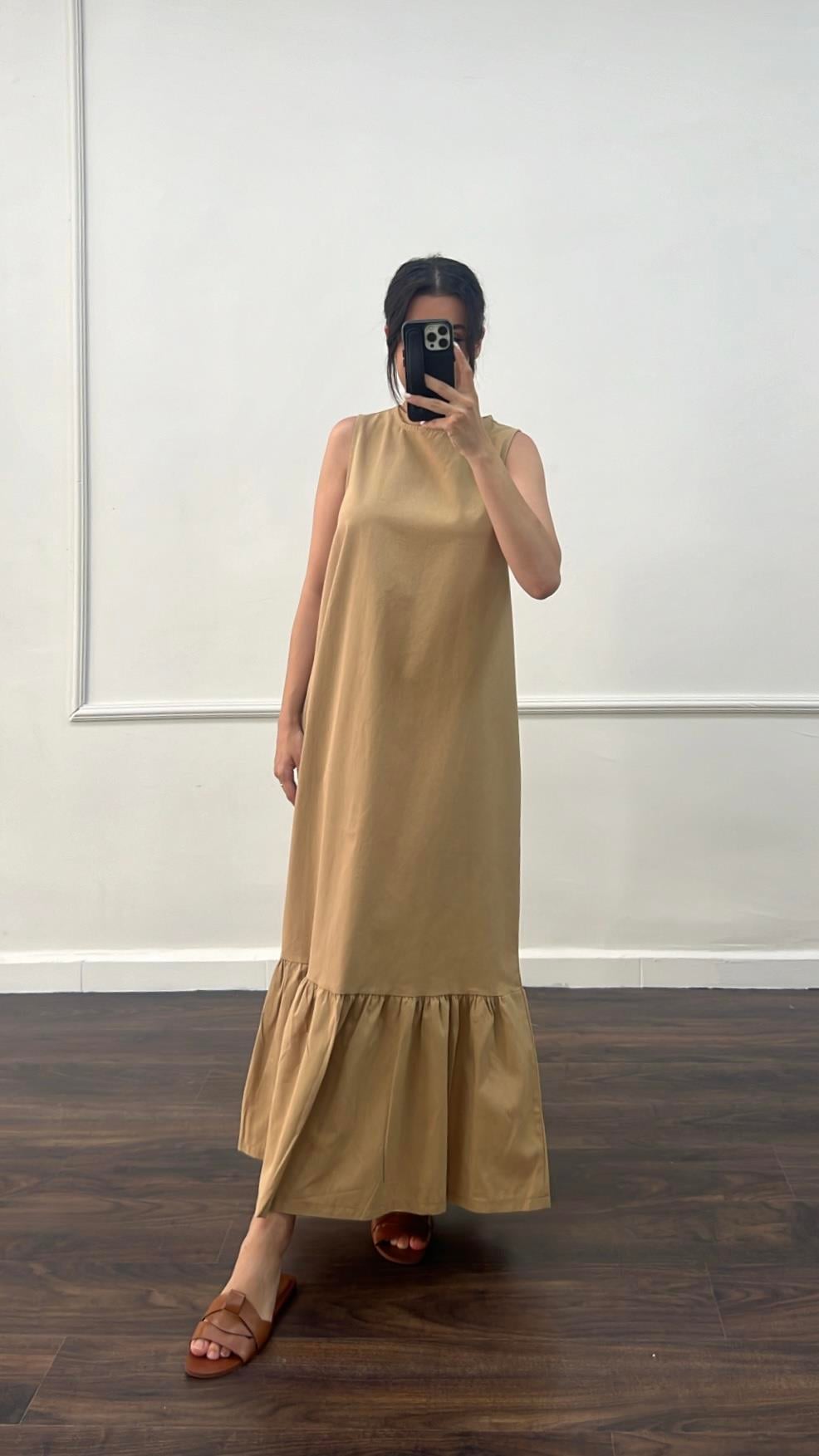 Bej Kolsuz Eteği Fırfırlı Keten Elbise