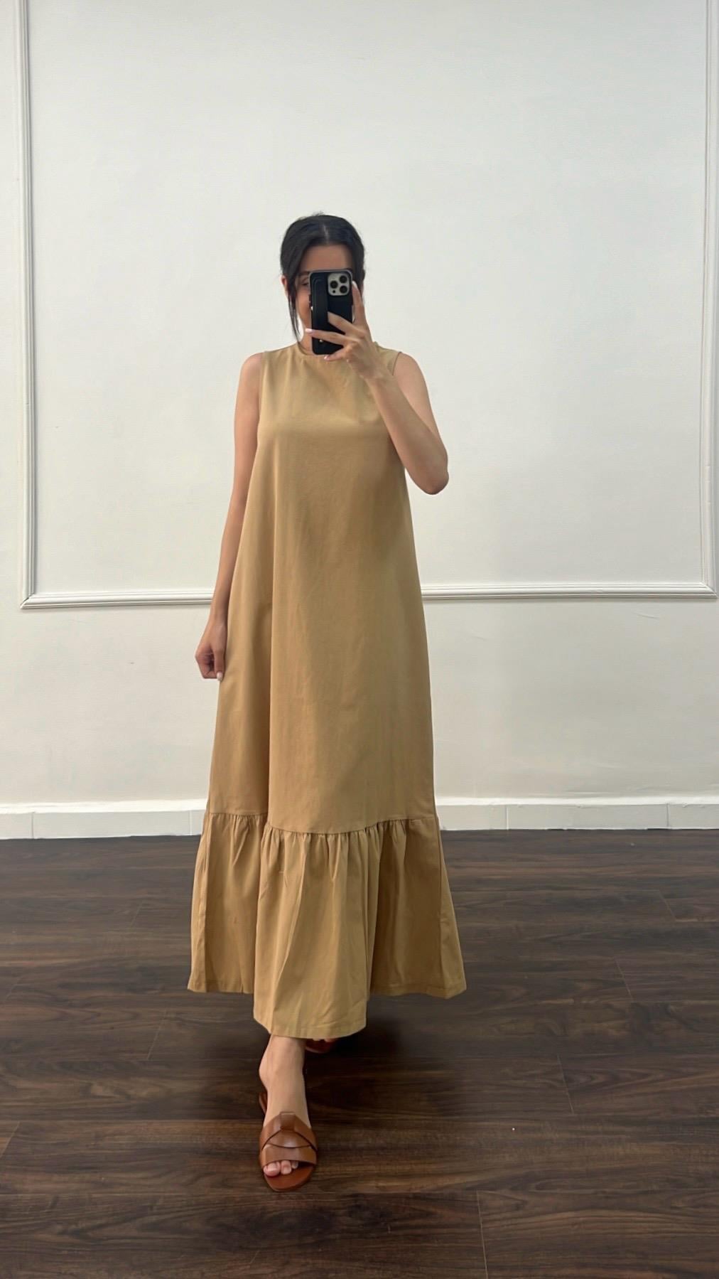 Bej Kolsuz Eteği Fırfırlı Keten Elbise